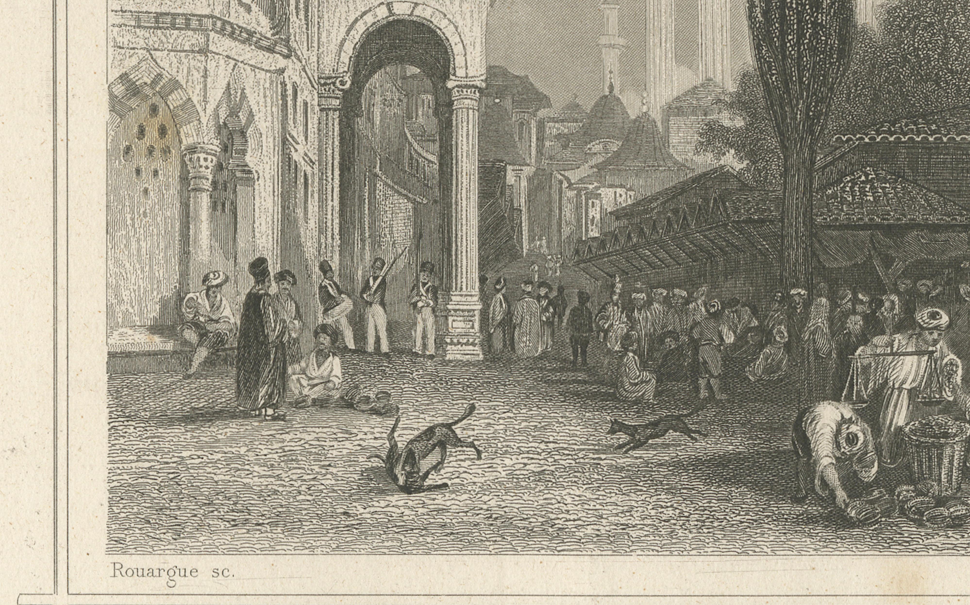 Antique Constantinople Street Scene Print, Ottoman Market Mosque View, c.1850