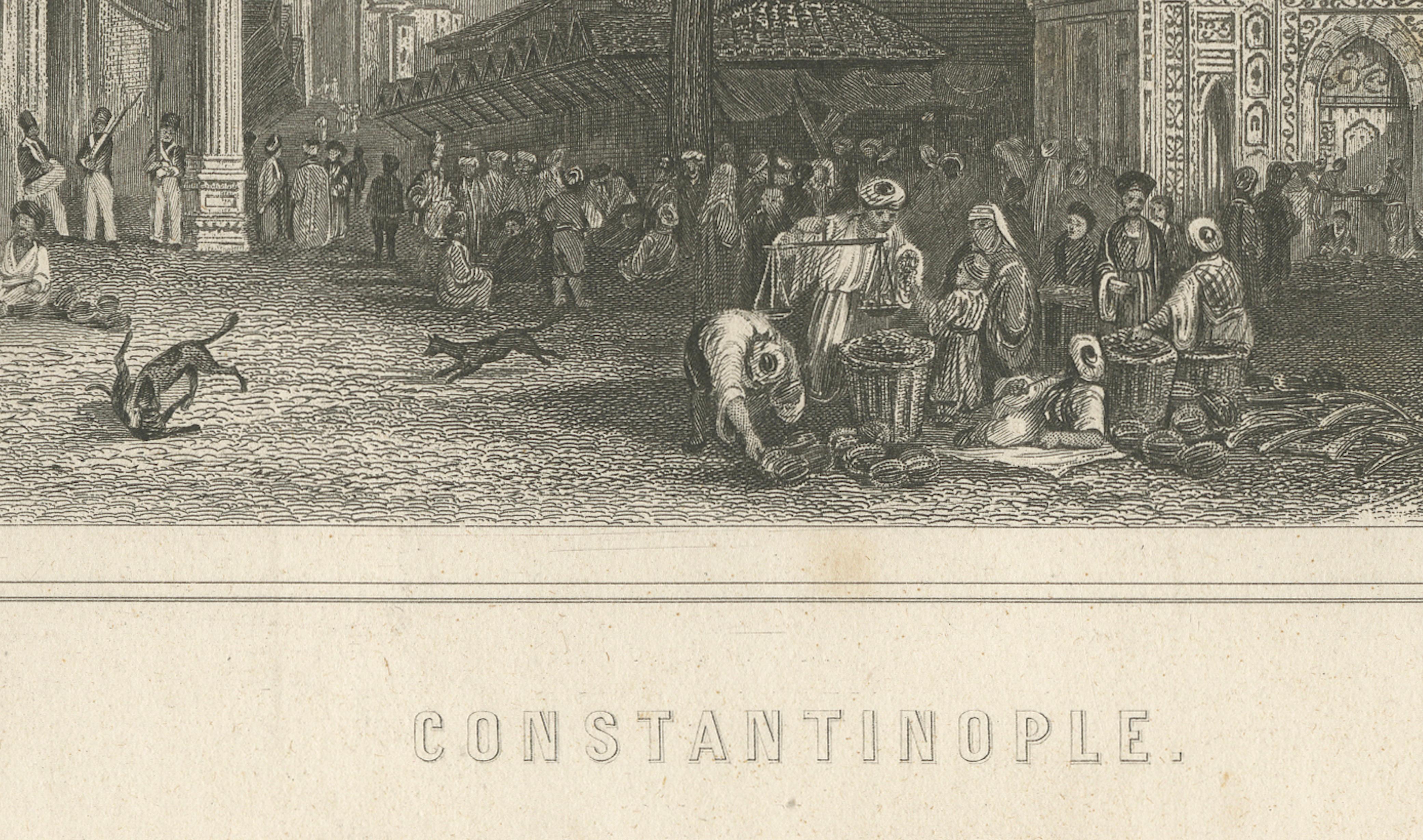 Antique Constantinople Street Scene Print, Ottoman Market Mosque View, c.1850