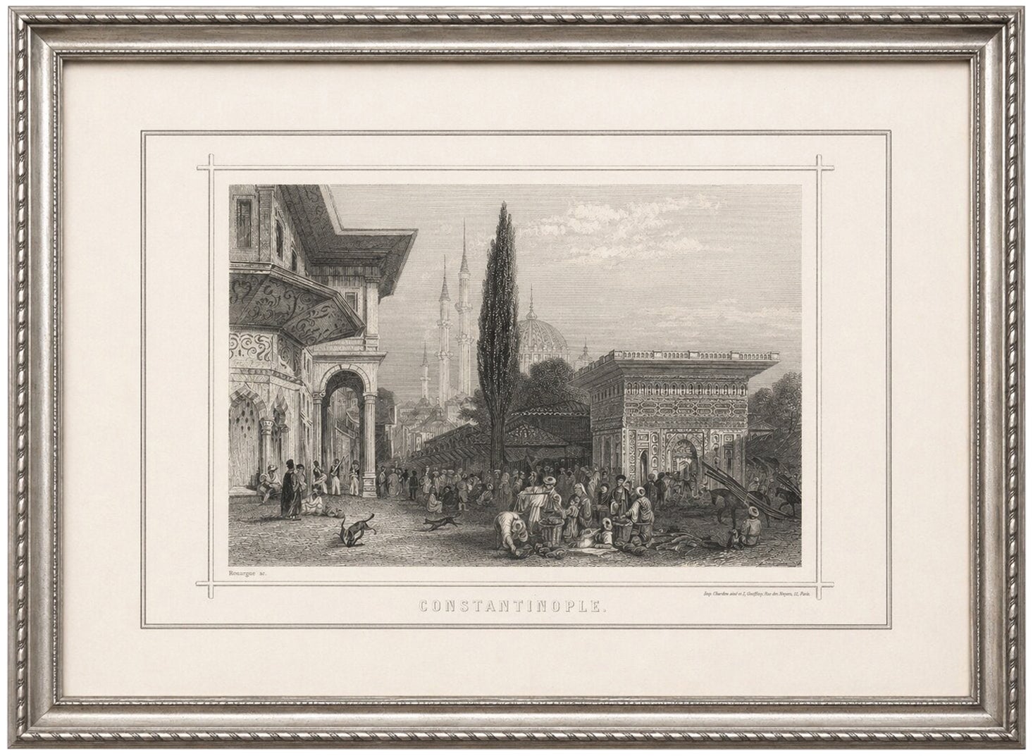 Antike Konstantinopel Straßenszene Druck, Osmanischer Markt Moschee Ansicht, c.1850 im Angebot