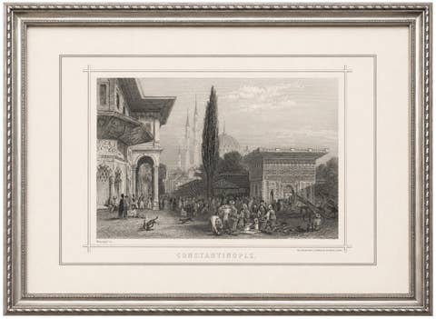Antique Constantinople Street Scene Print, Ottoman Market Mosque View, c.1850
