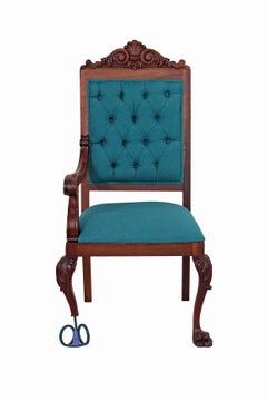 Antique Contemporary Brazilian Wooden Armchair in Blue Fabric, Restauro #1