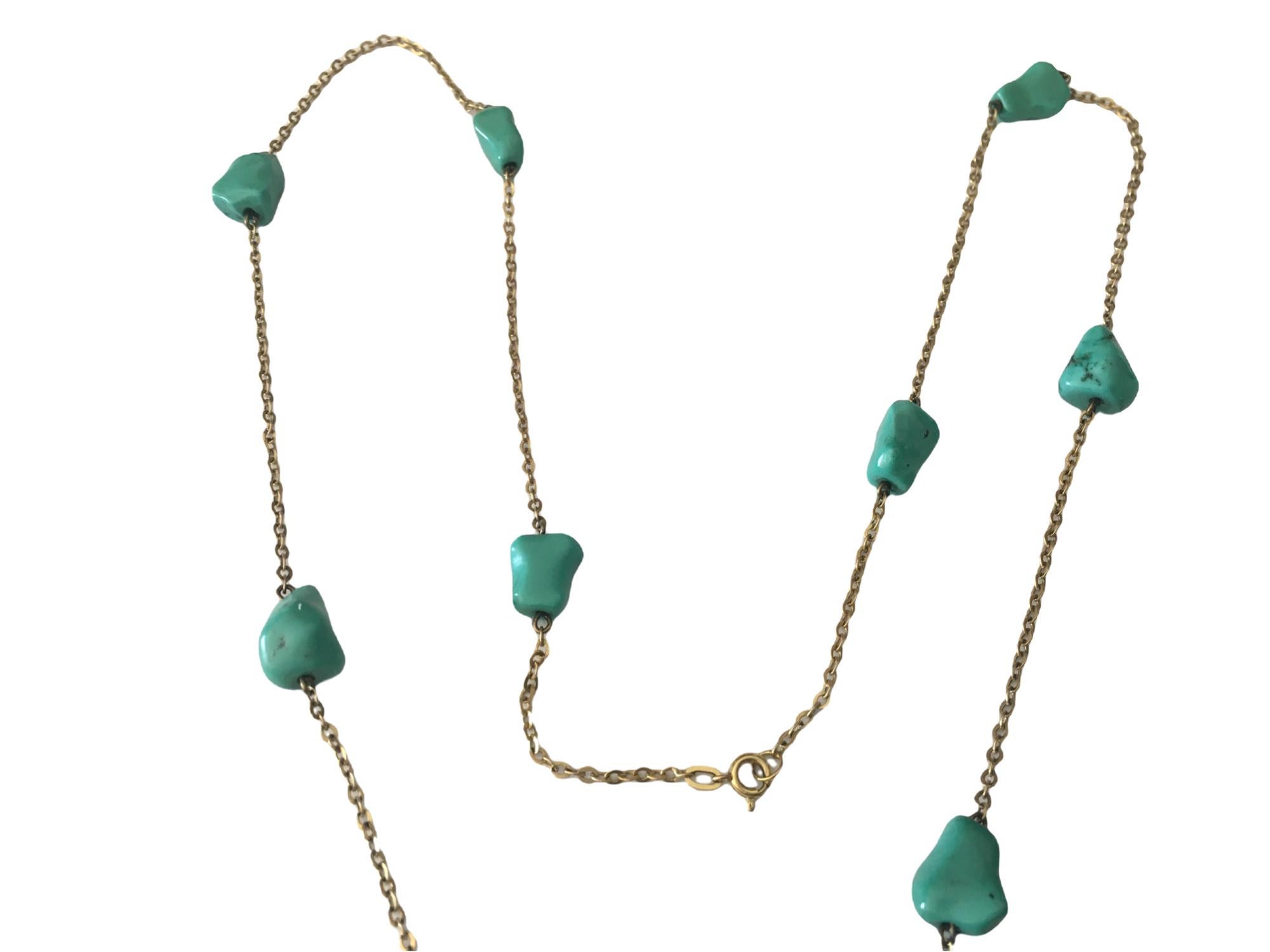 Art Deco Antique Continental 8 Carat Gold Necklace with Turquoise Spacers For Sale