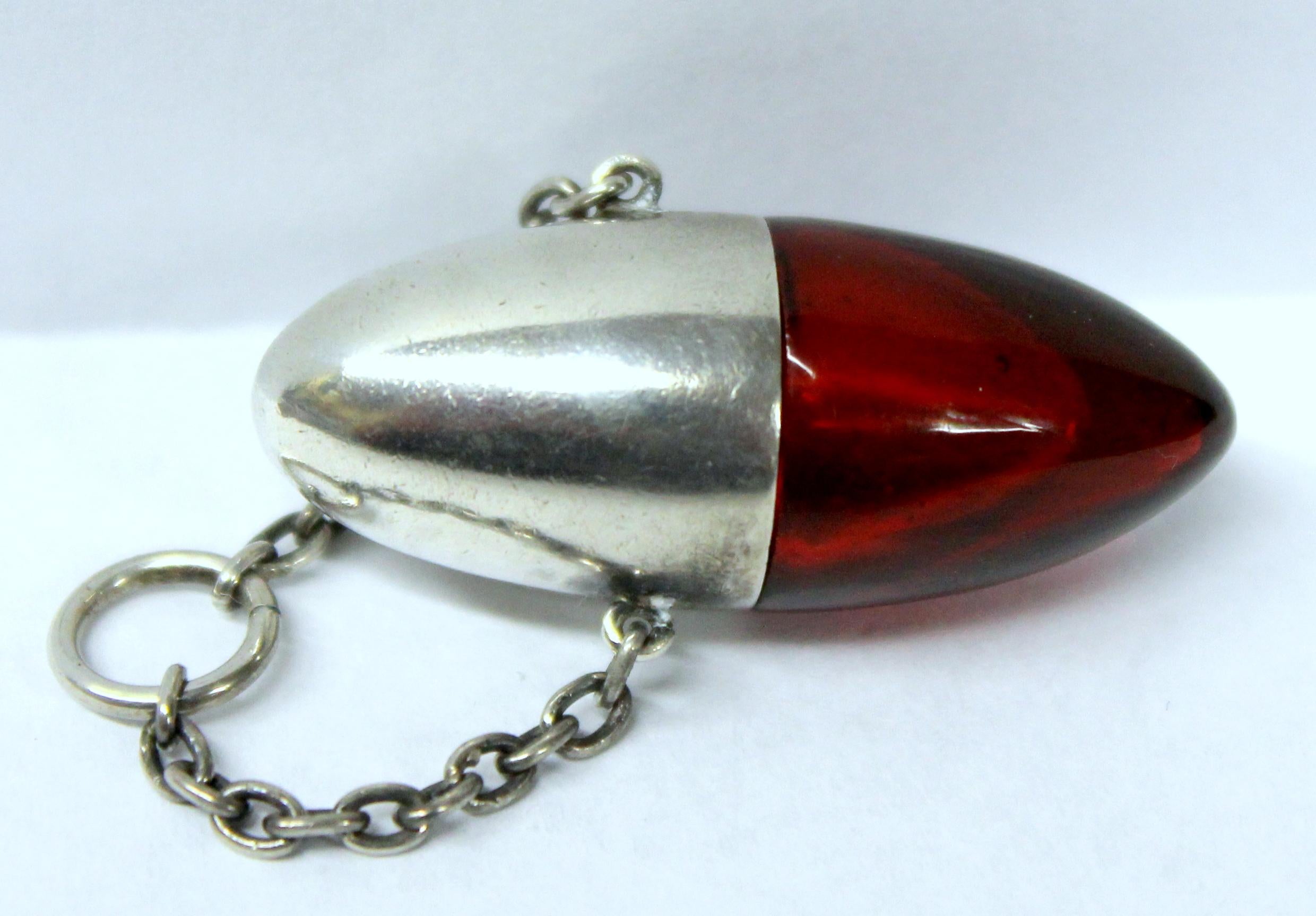Antique Continental .800 Fine Silver and Ruby Glass Bullet-Shaped Vinaigrette 1