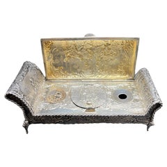 Antique Continental .800 Silver Daybed Form Hinged Silver Inkwell