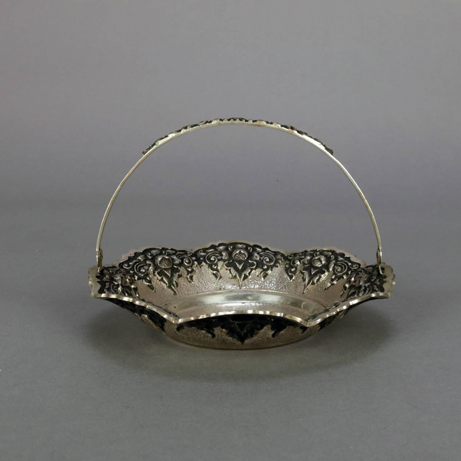 Victorian Antique Continental .800 Silver Reticulated Floral Repousse Bridal Basket 4.9toz For Sale