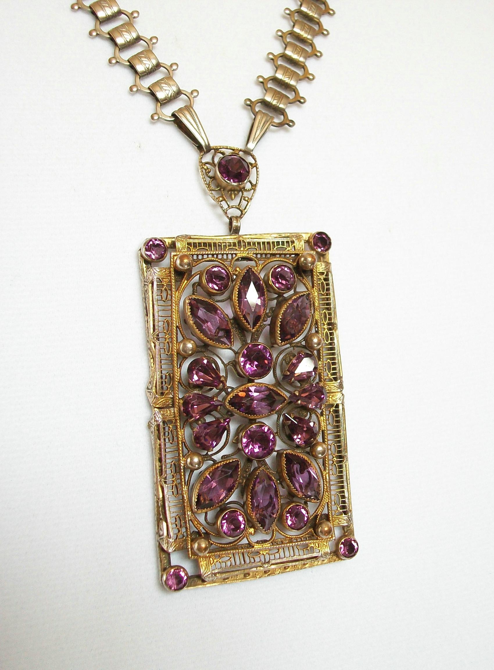 Renaissance Revival Antique Continental Amethyst Paste Pendant Necklace, E.U., C. 1900 For Sale