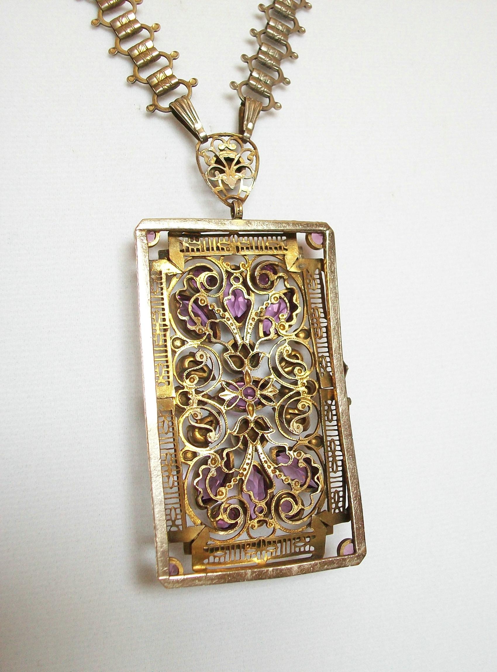 Antique Continental Amethyst Paste Pendant Necklace, E.U., C. 1900 In Good Condition For Sale In Chatham, CA