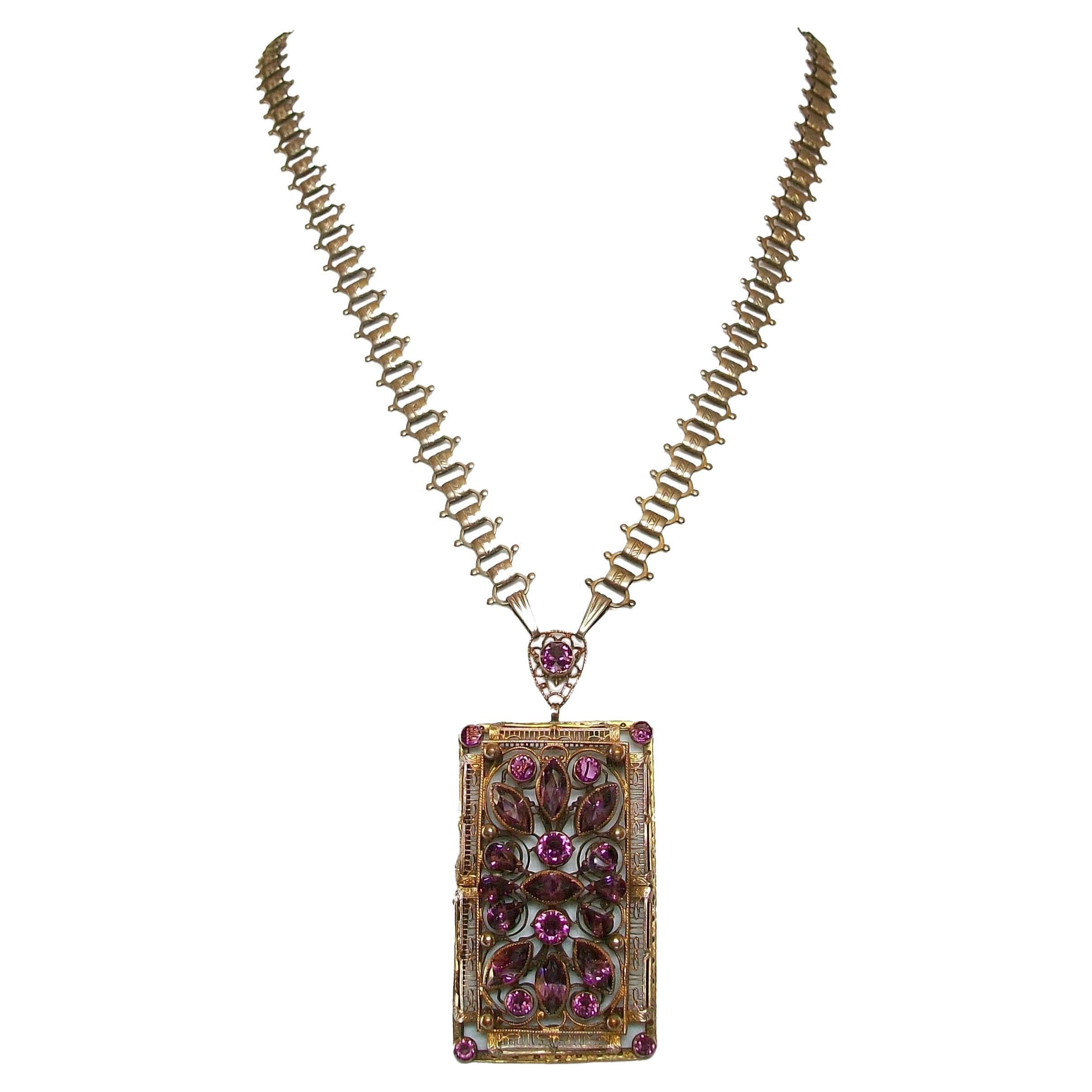 Antique Continental Amethyst Paste Pendant Necklace, E.U., C. 1900 For Sale