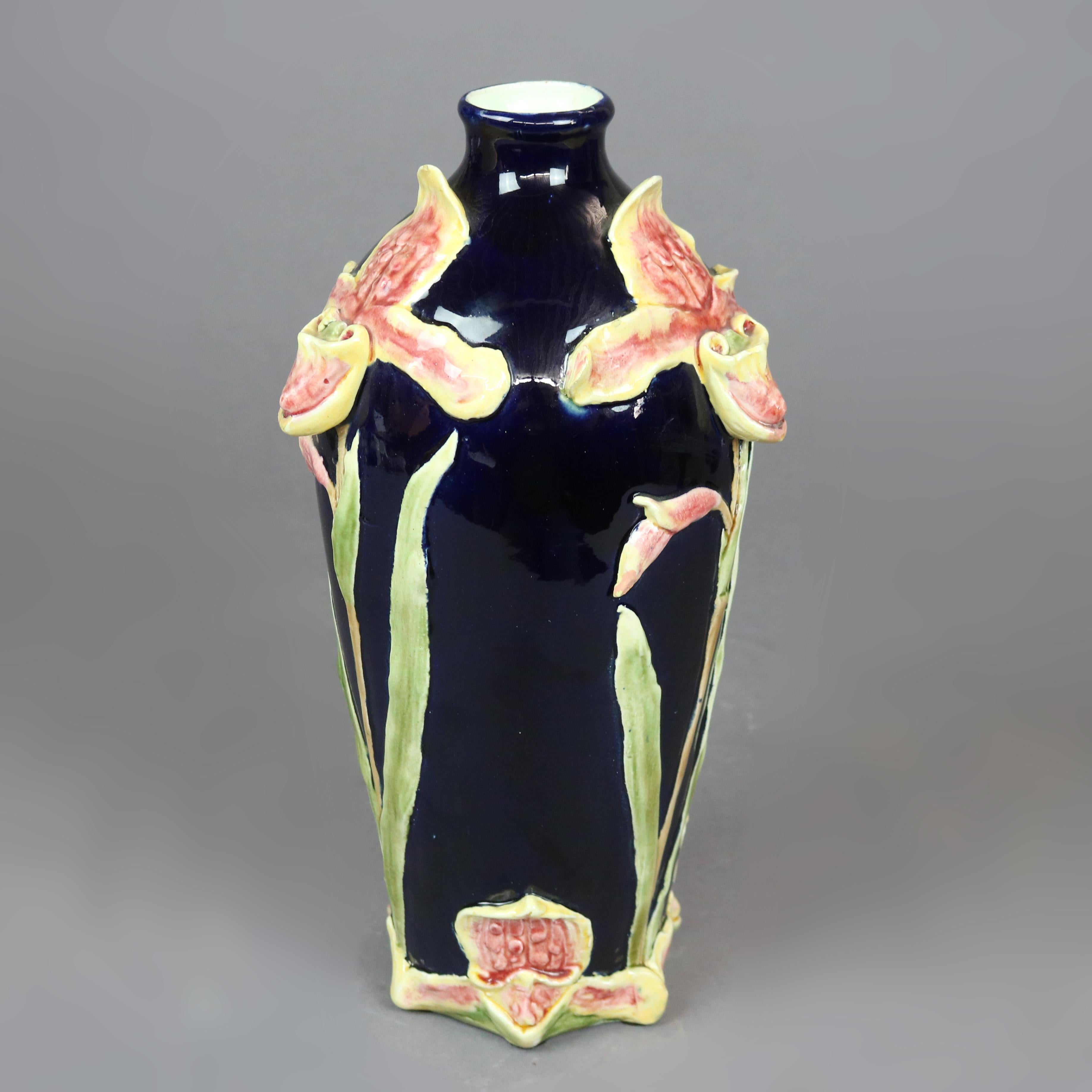 European Antique Continental Art Nouveau Majolica Art Pottery Vase with Lily, circa 1900