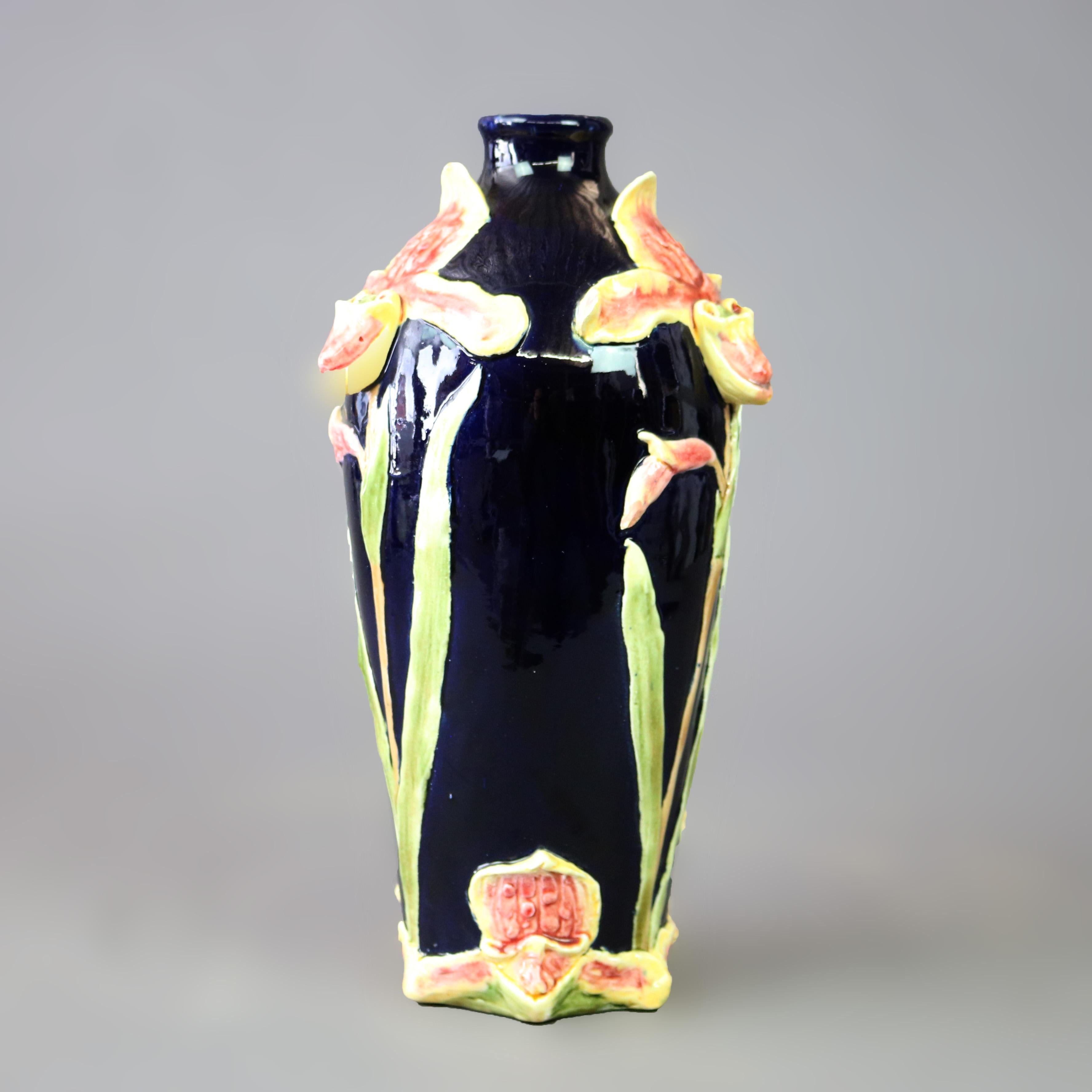 Antique Continental Art Nouveau Majolica Art Pottery Vase with Lily, circa 1900 In Good Condition In Big Flats, NY