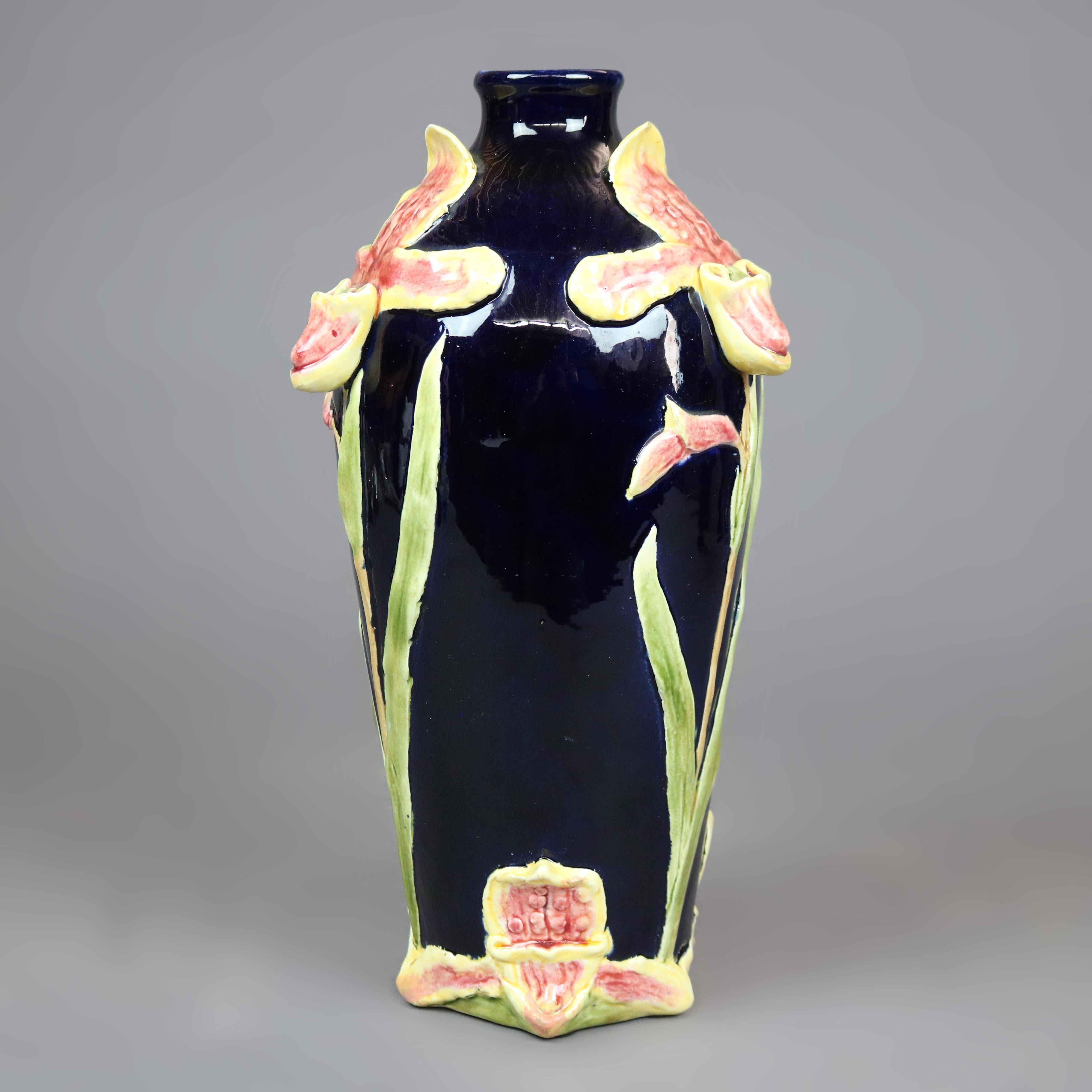 Antique Continental Art Nouveau Majolica Art Pottery Vase with Lily, circa 1900 5