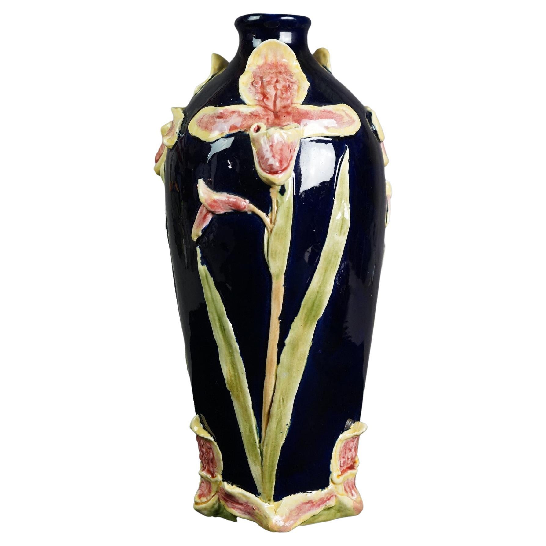 Antique Continental Art Nouveau Majolica Art Pottery Vase with Lily, circa 1900