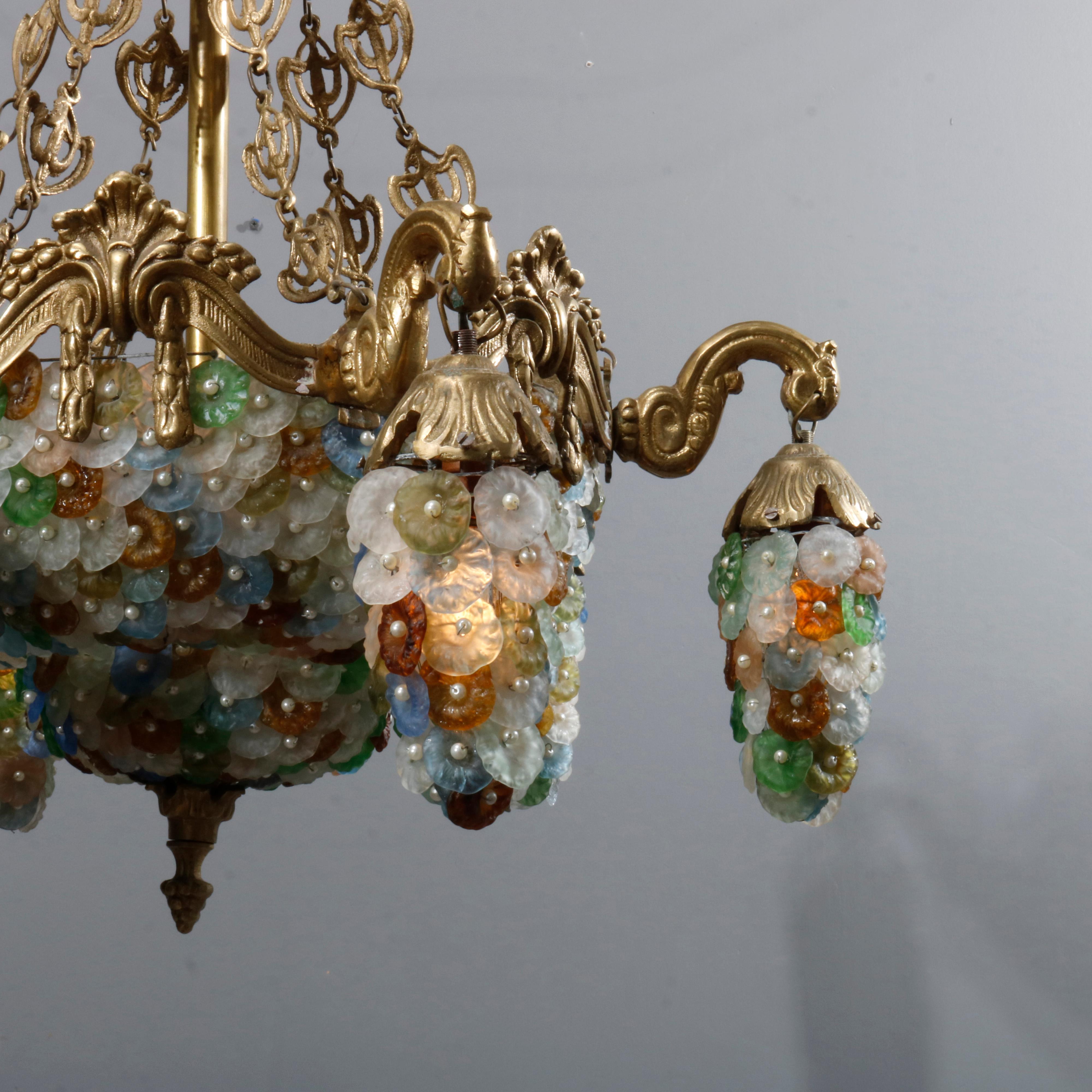 European Antique Continental Baroque Bronze and Beaded Polychrome Glass Chandelier
