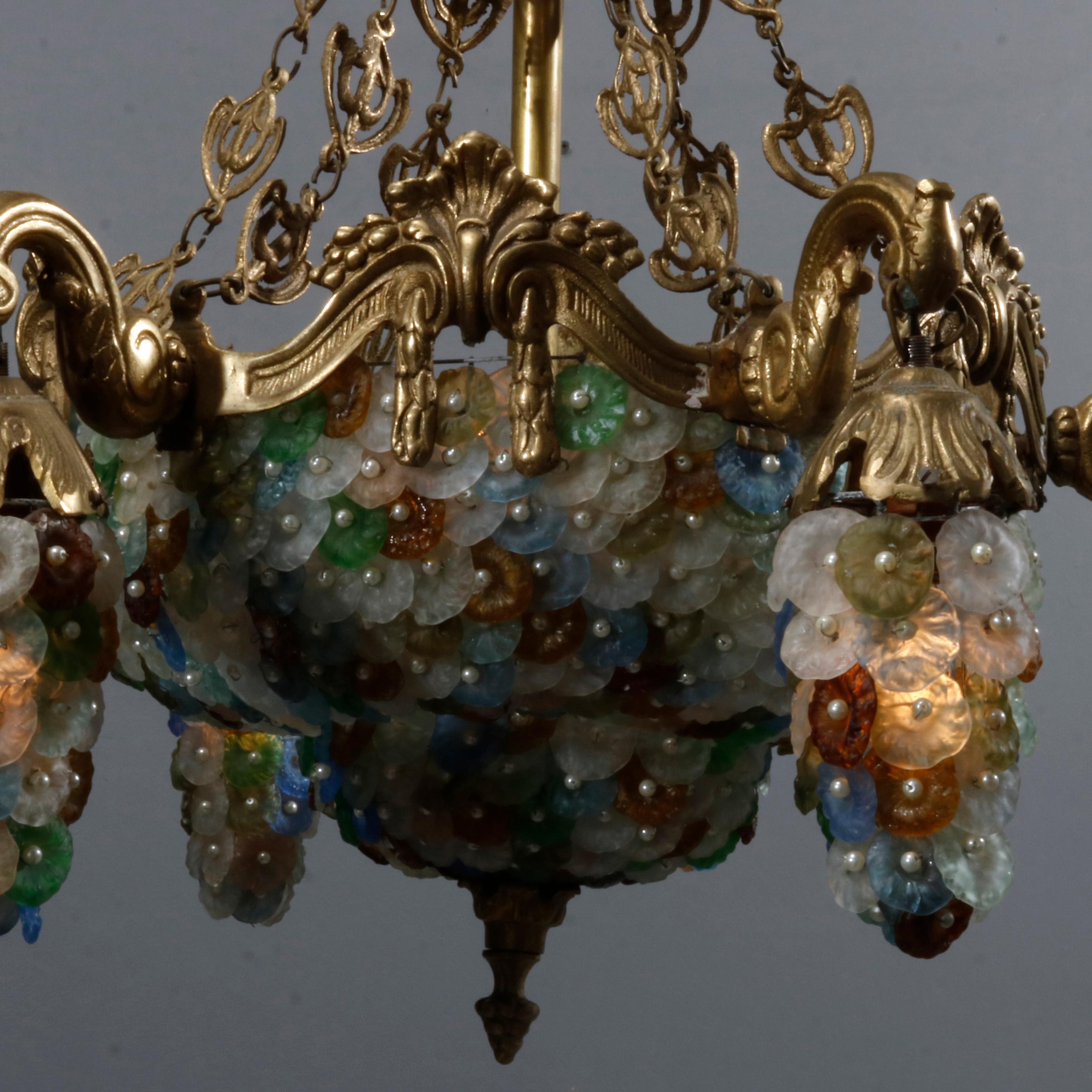 20th Century Antique Continental Baroque Bronze and Beaded Polychrome Glass Chandelier