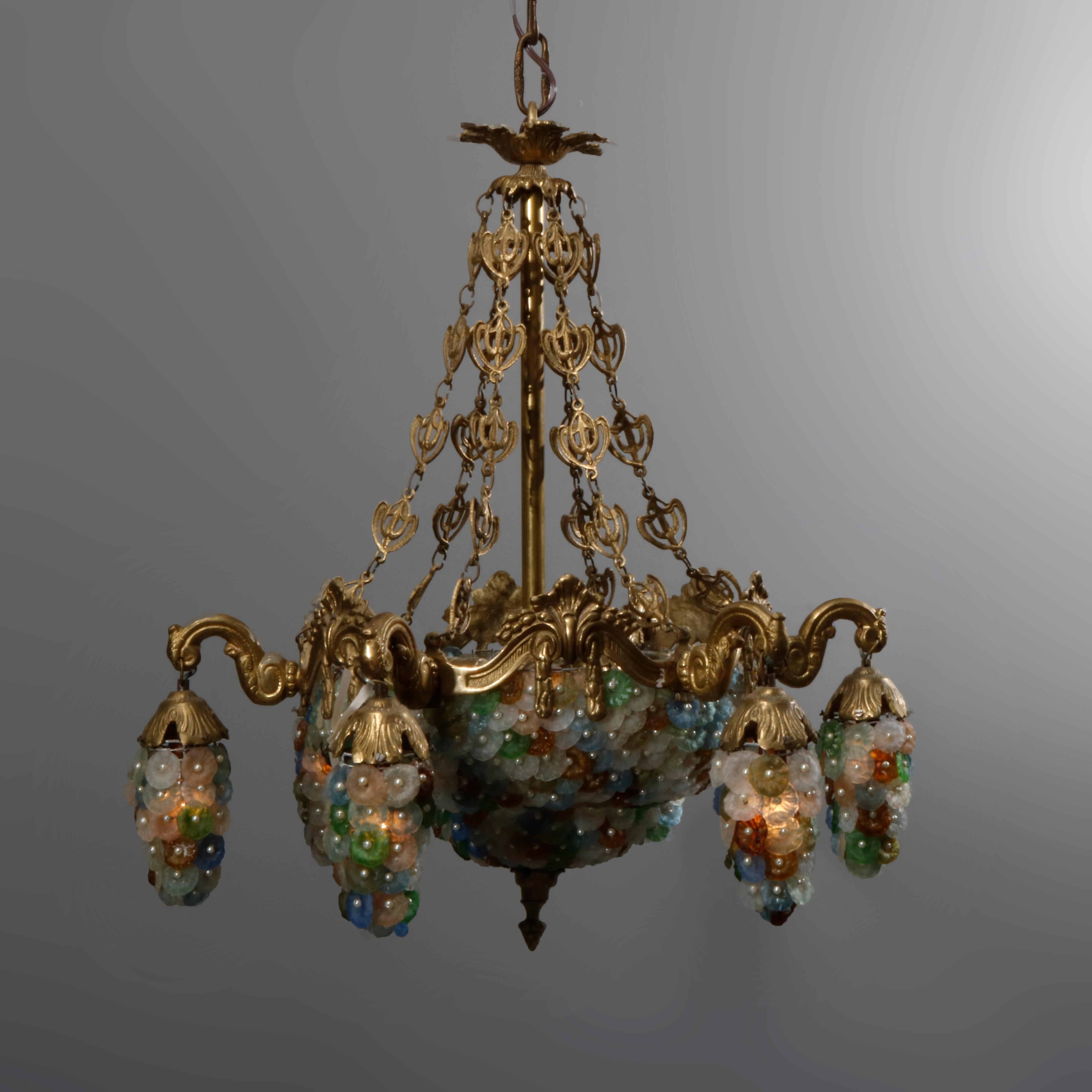 Antique Continental Baroque Bronze and Beaded Polychrome Glass Chandelier 1