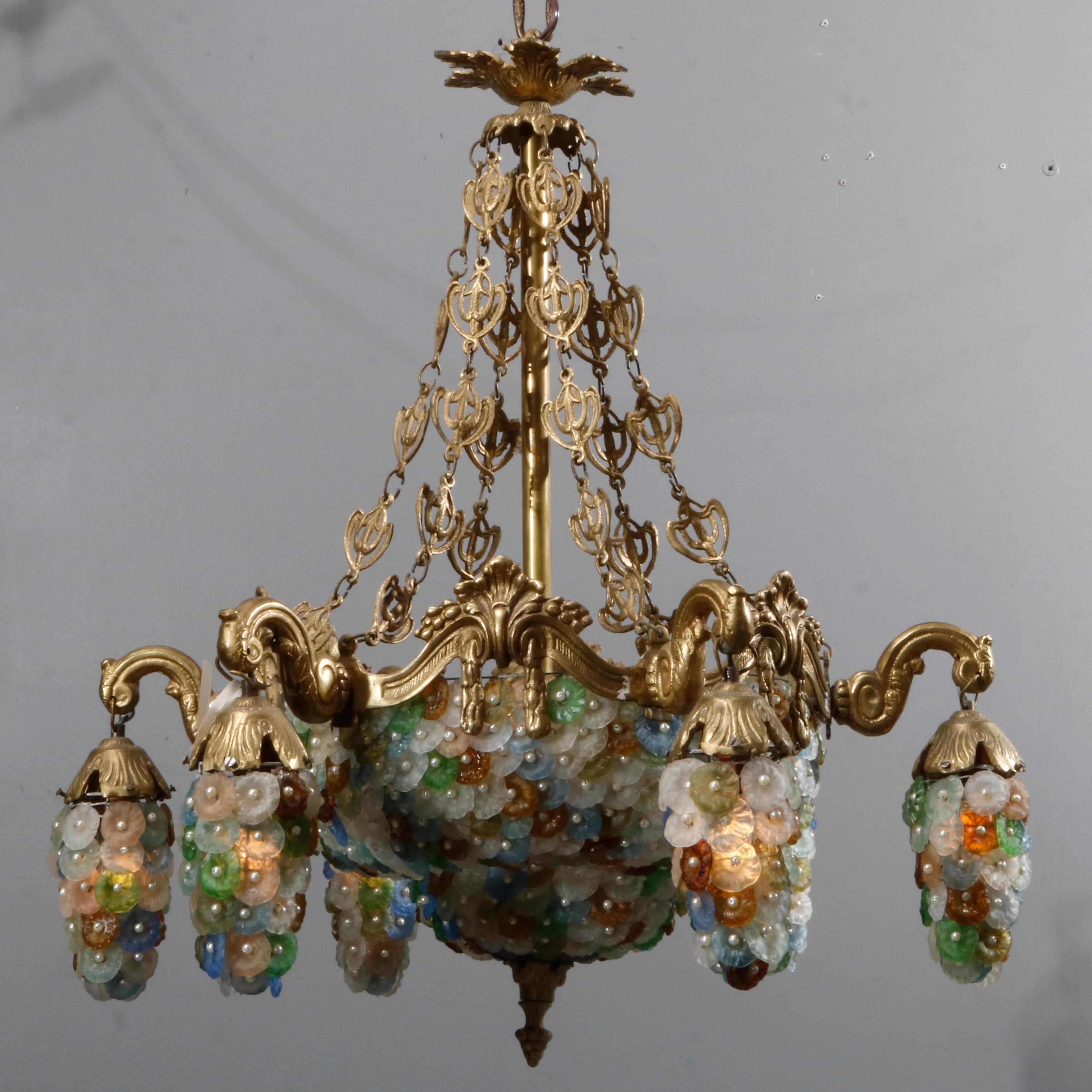 Antique Continental Baroque Bronze and Beaded Polychrome Glass Chandelier 2