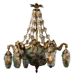 Antique Continental Baroque Bronze and Beaded Polychrome Glass Chandelier