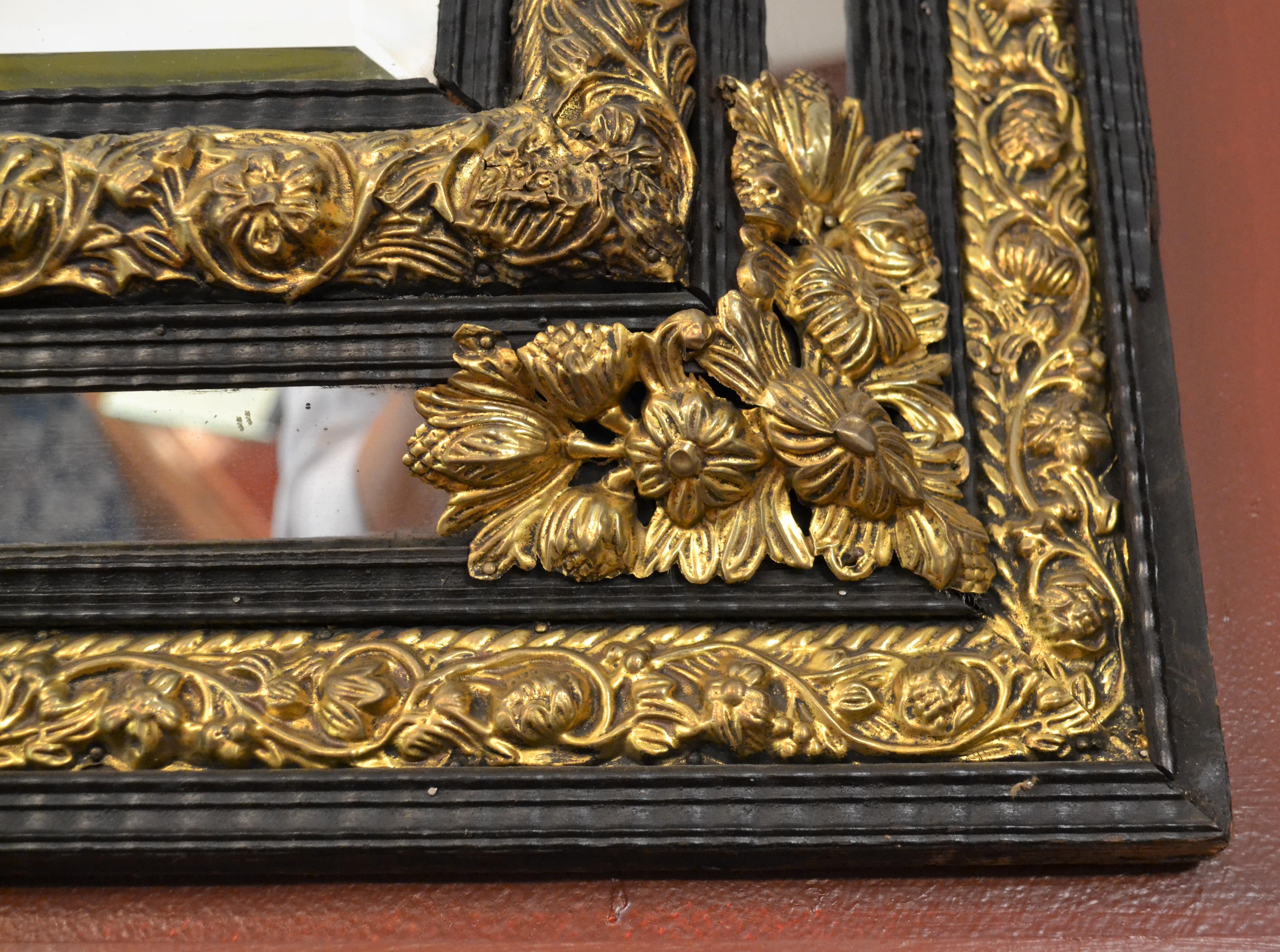 Renaissance Antique Dutch Brass and Ebonized Wood Mirror, circa 1860 For Sale