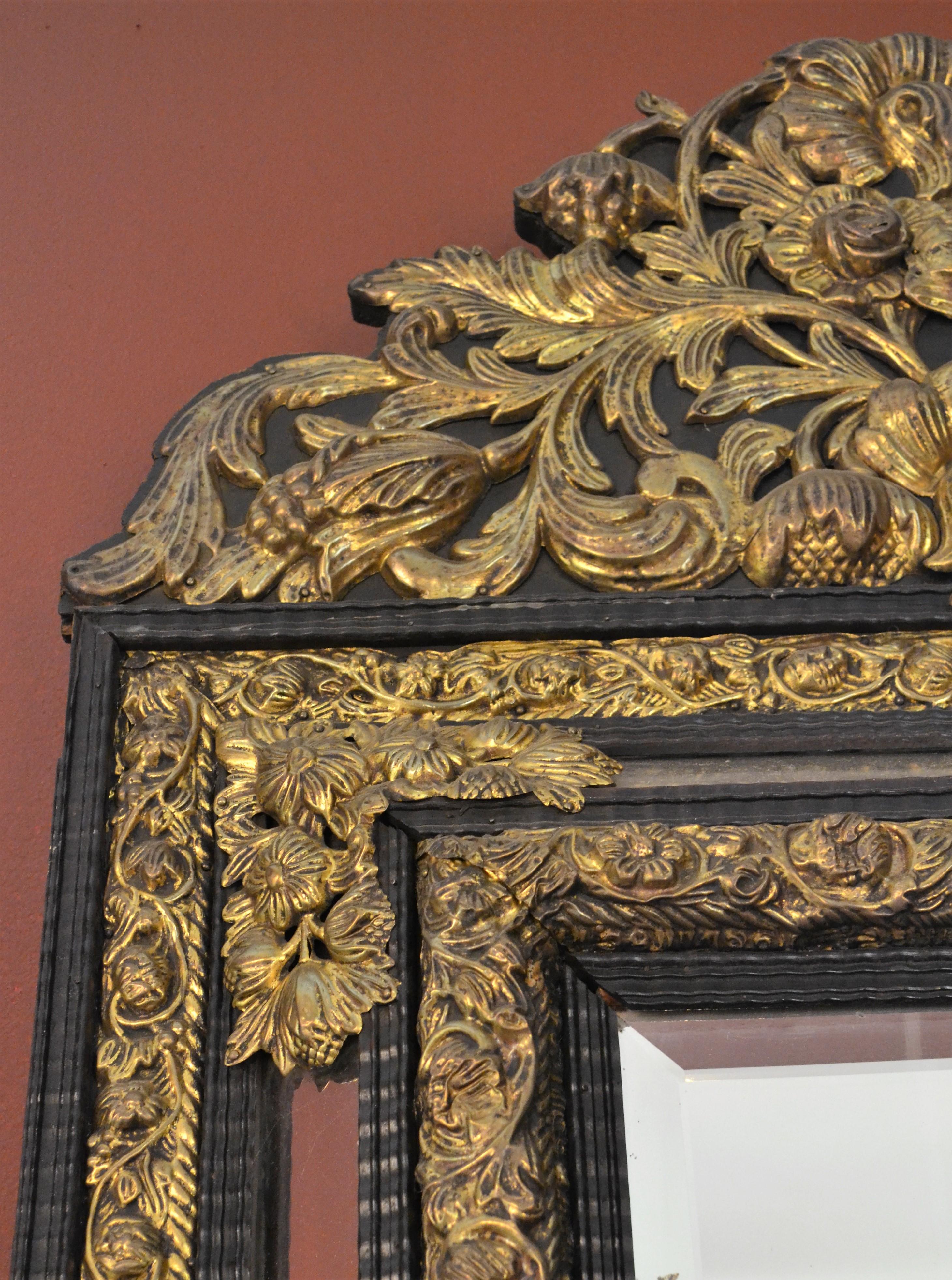 Antique Dutch Brass and Ebonized Wood Mirror, circa 1860 In Good Condition For Sale In New Orleans, LA