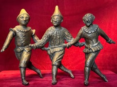 Antique Continental Bronze Sculpture Group of Dancing Pierrots