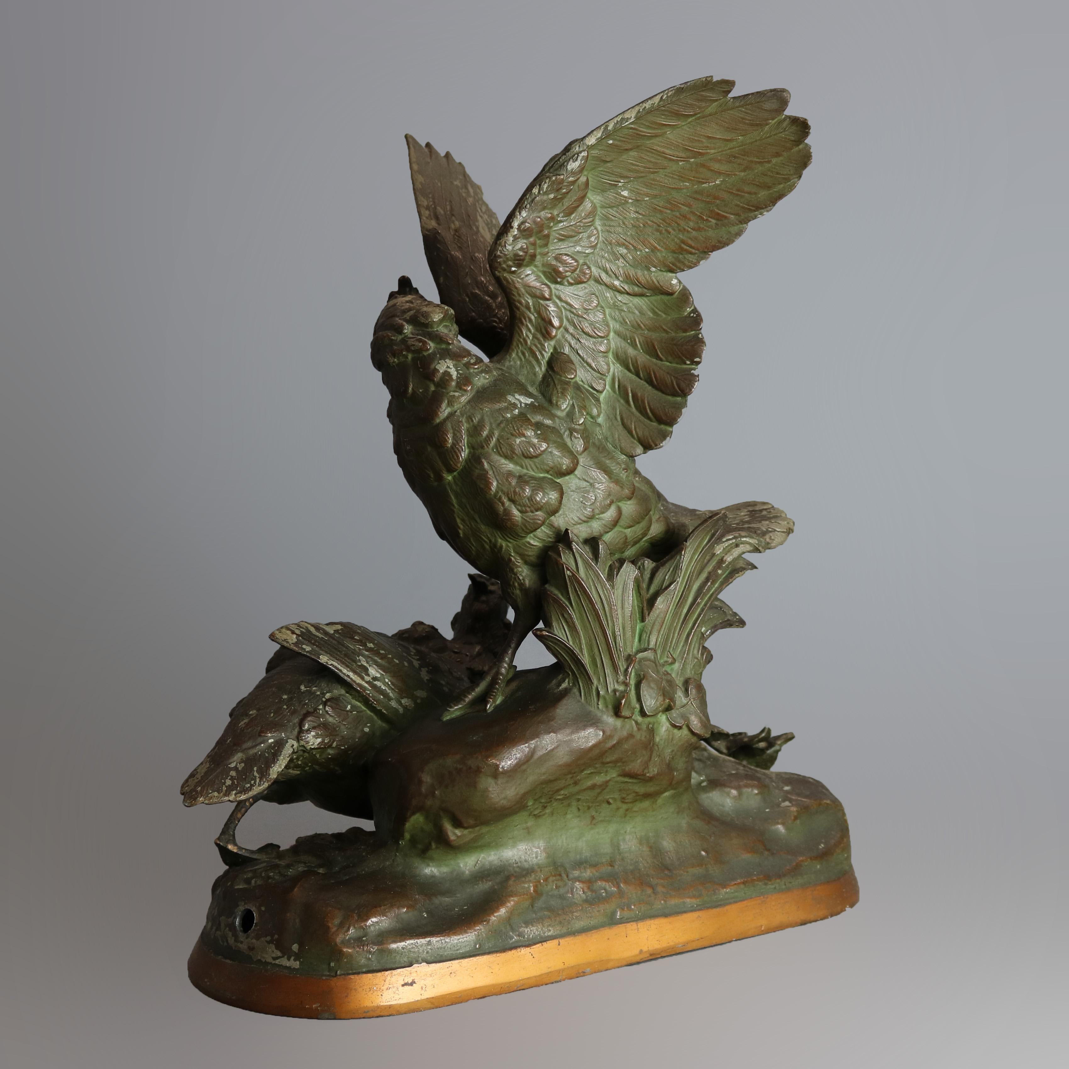 European Continental Bronzed Metal Figural Pheasant Sculpture Grouping, circa 1900