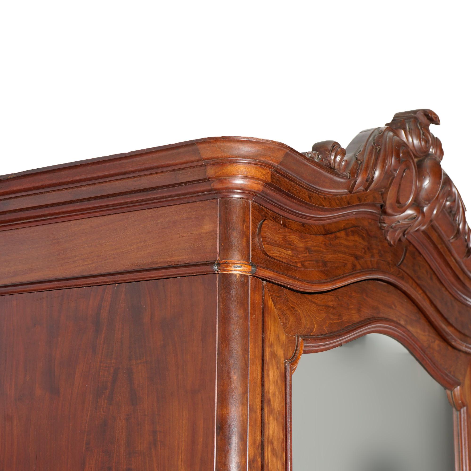 European Antique Continental Carved Flame Mahogany Mirrored Armoire, C1880