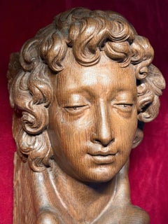 Antique Continental Carved Oak Angel Head with Feathered Wings Sculpture, Gothic