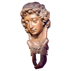 Antique Continental Carved Oak Angel Head with Feathered Wings Sculpture, Gothic