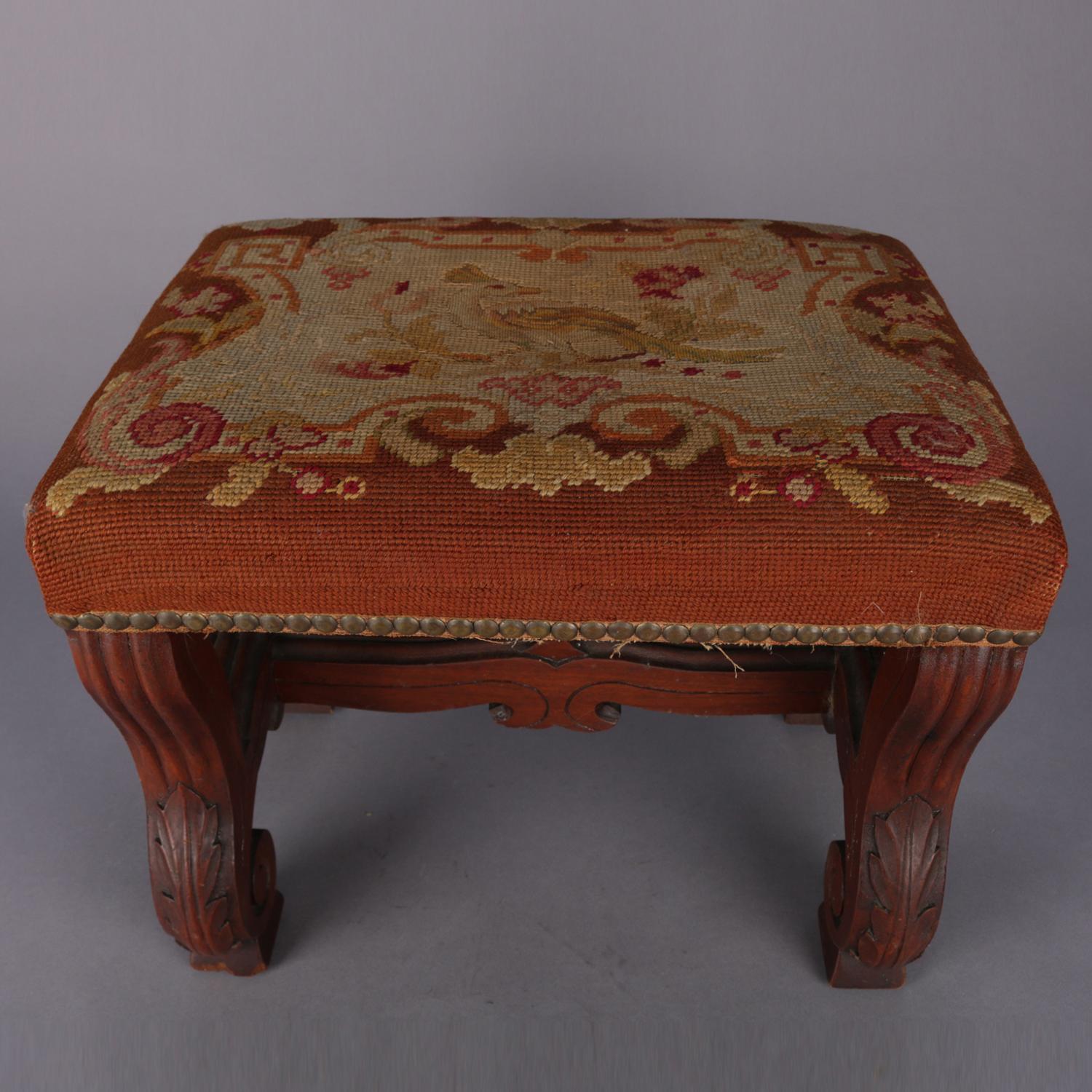 Eastlake Antique Continental Carved Walnut and Tapestry Footstool, circa 1850