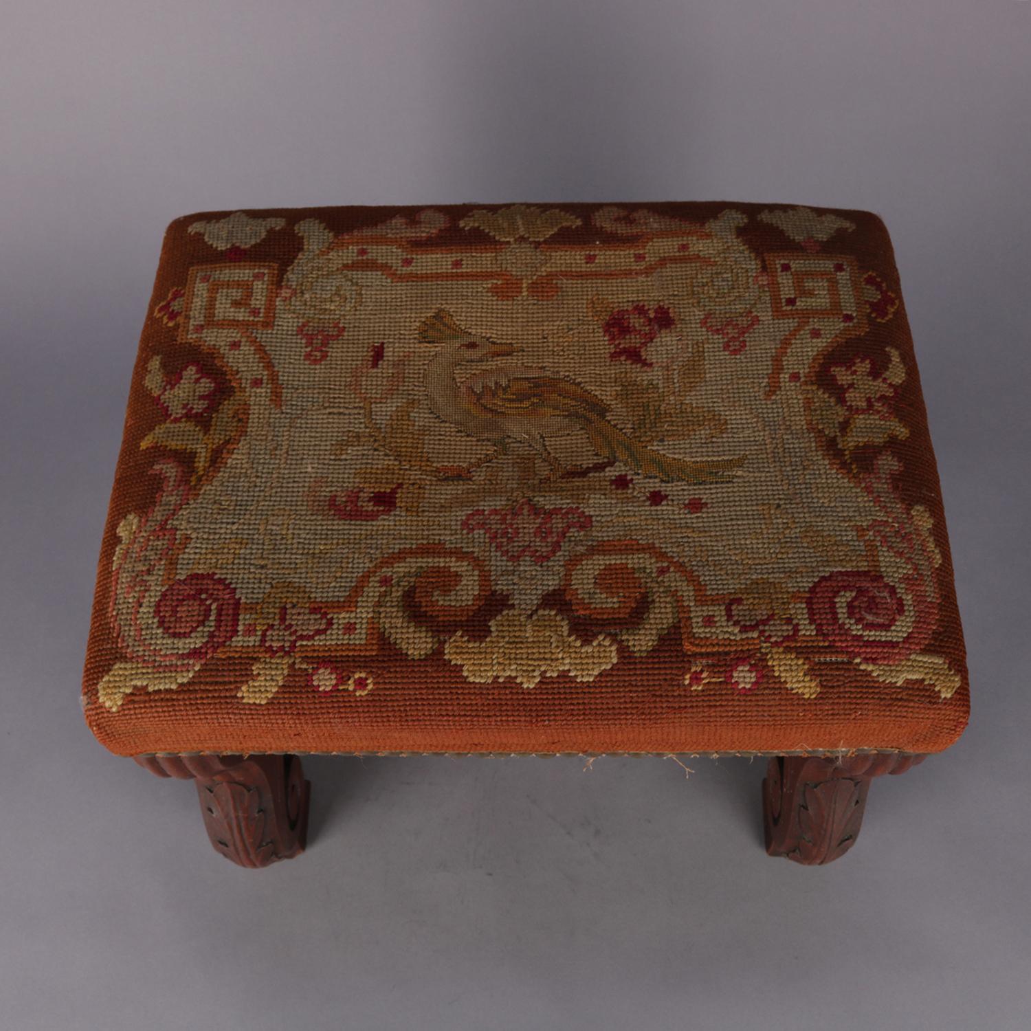 European Antique Continental Carved Walnut and Tapestry Footstool, circa 1850