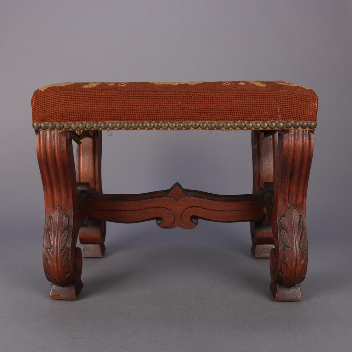 Hand-Carved Antique Continental Carved Walnut and Tapestry Footstool, circa 1850