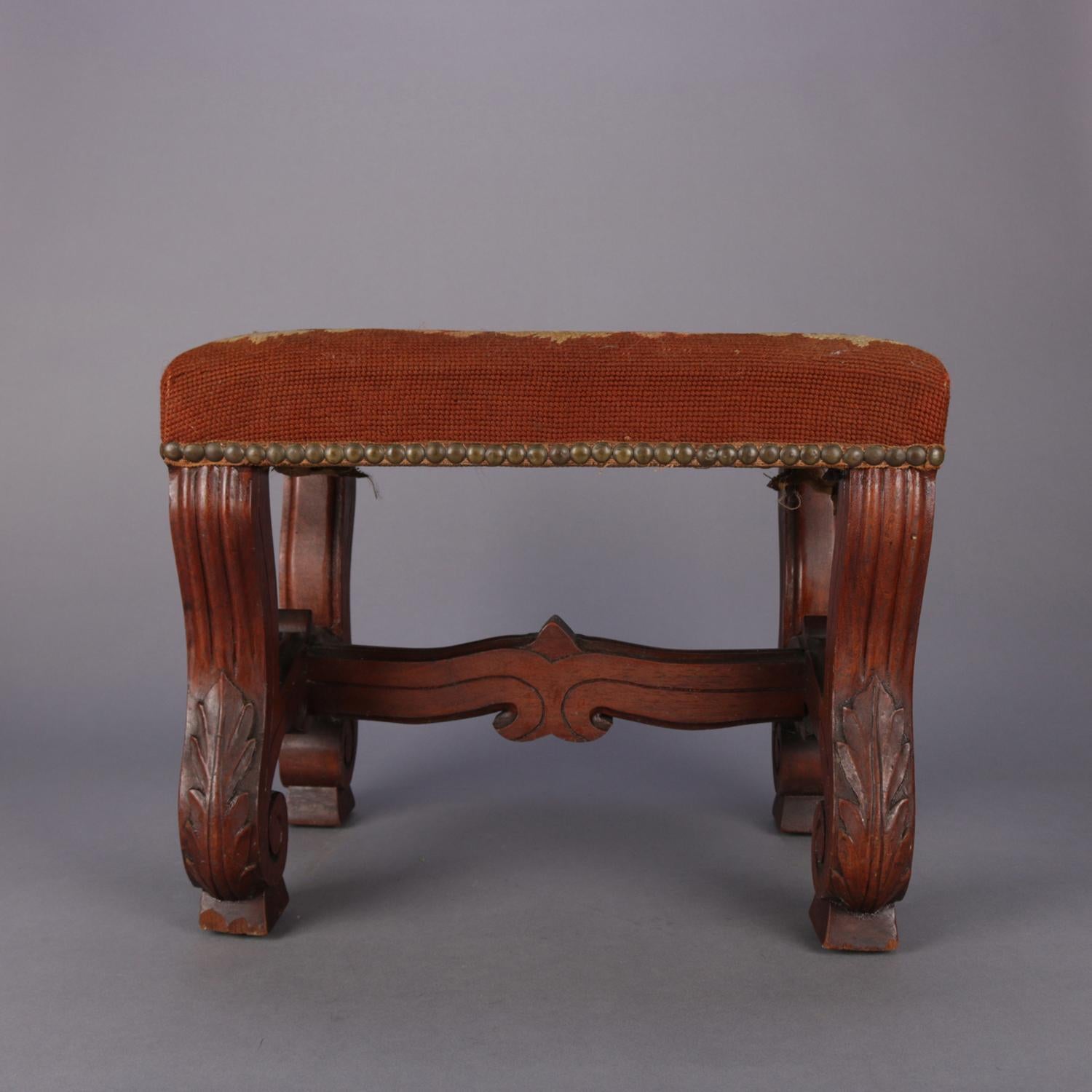 Antique Continental Carved Walnut and Tapestry Footstool, circa 1850 In Good Condition In Big Flats, NY