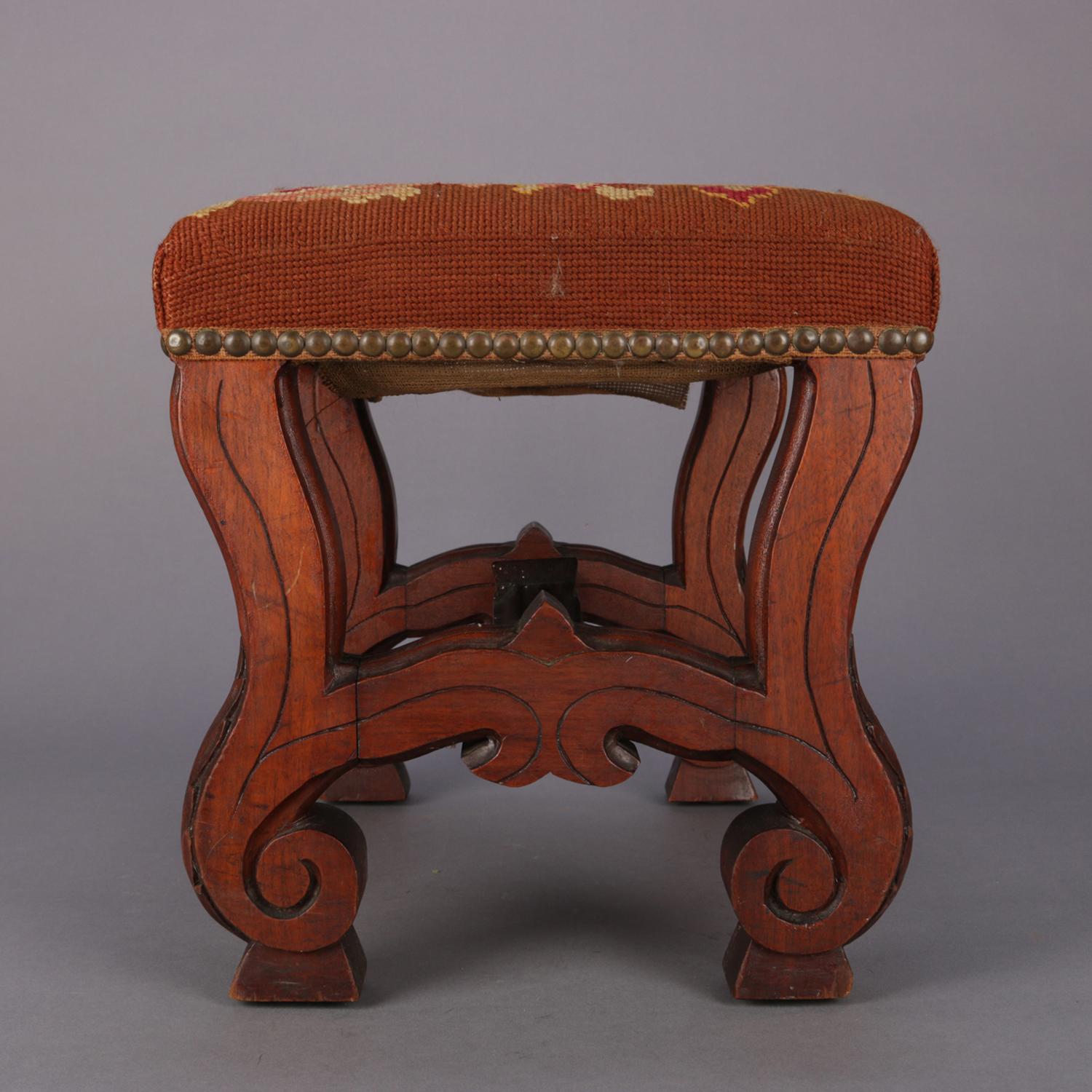 19th Century Antique Continental Carved Walnut and Tapestry Footstool, circa 1850