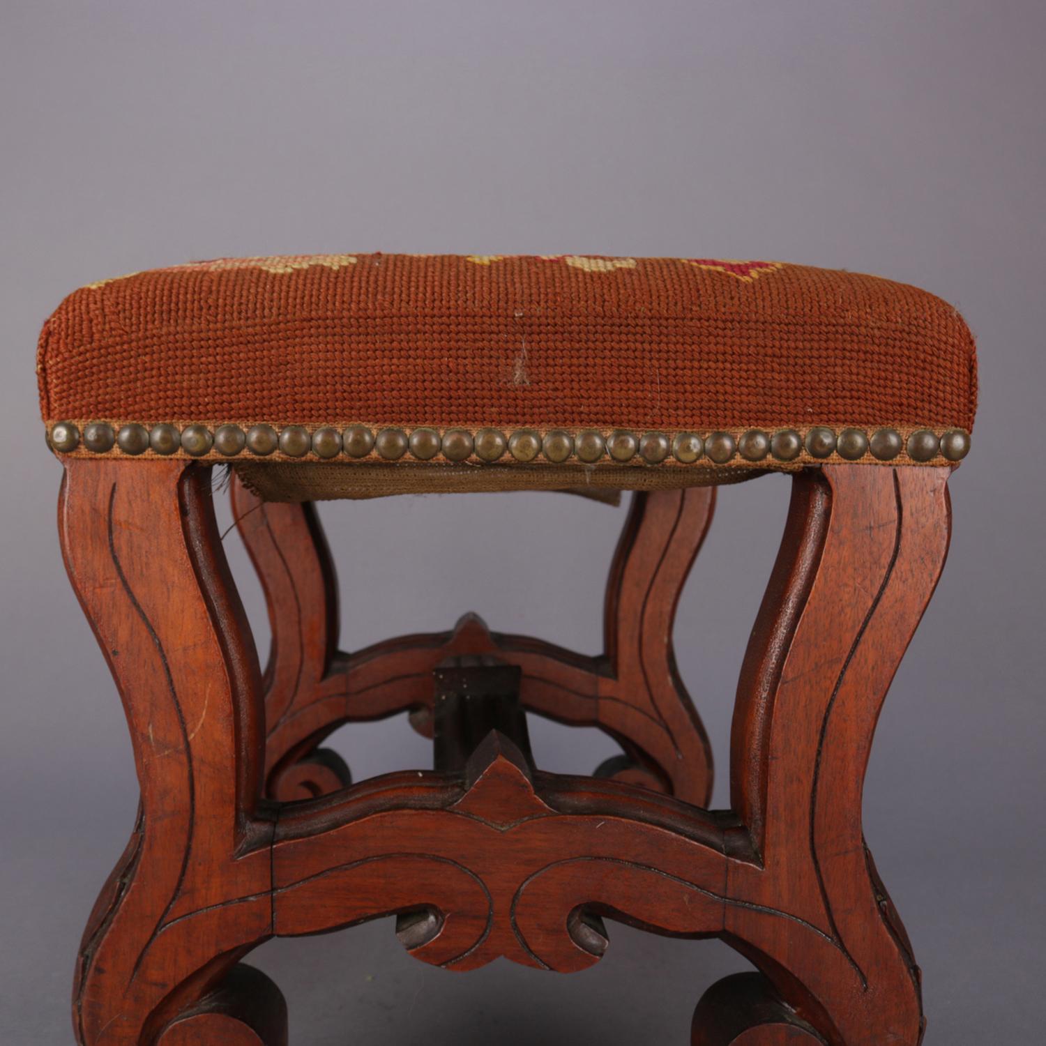 Upholstery Antique Continental Carved Walnut and Tapestry Footstool, circa 1850