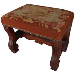 Antique Continental Carved Walnut and Tapestry Footstool, circa 1850