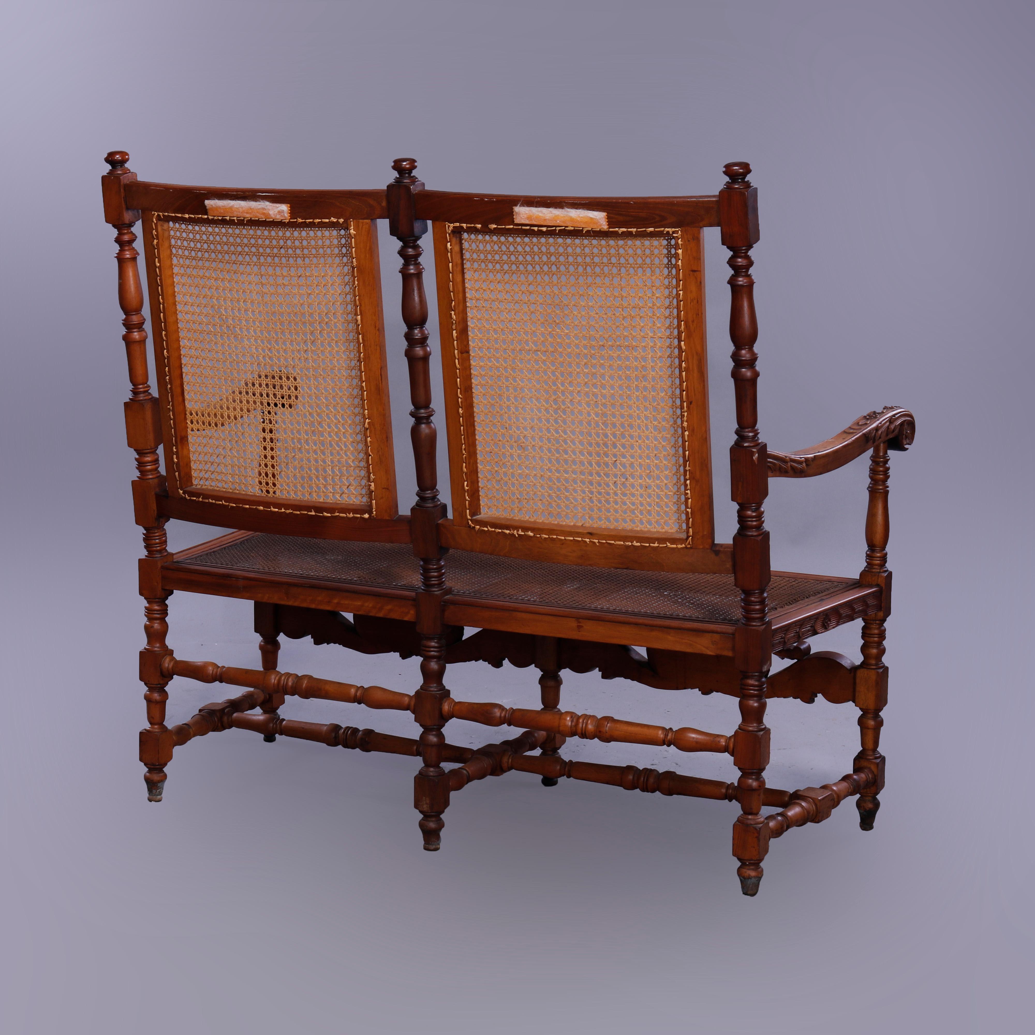 Woven Antique Continental Carved Walnut Edwardian Cane Bench, c1900