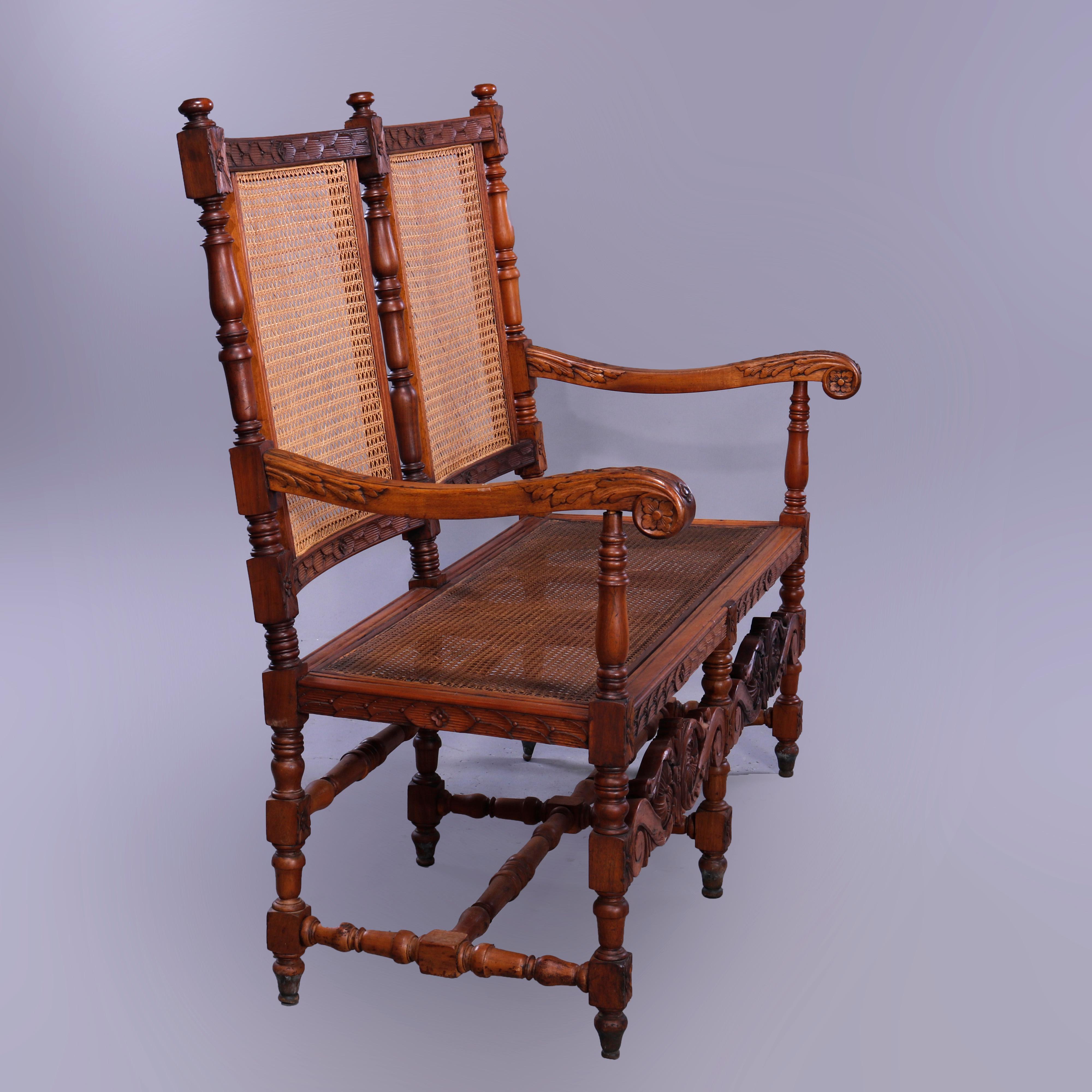 Antique Continental Carved Walnut Edwardian Cane Bench, c1900 In Good Condition In Big Flats, NY