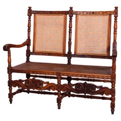Antique Continental Carved Walnut Edwardian Cane Bench, c1900