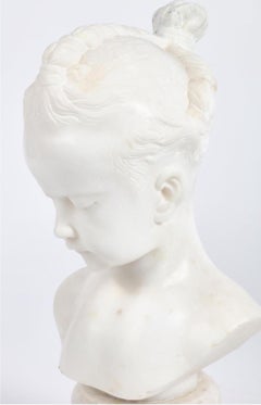 Antique Continental Carved White Marble Bust of a Young Girl with Braids