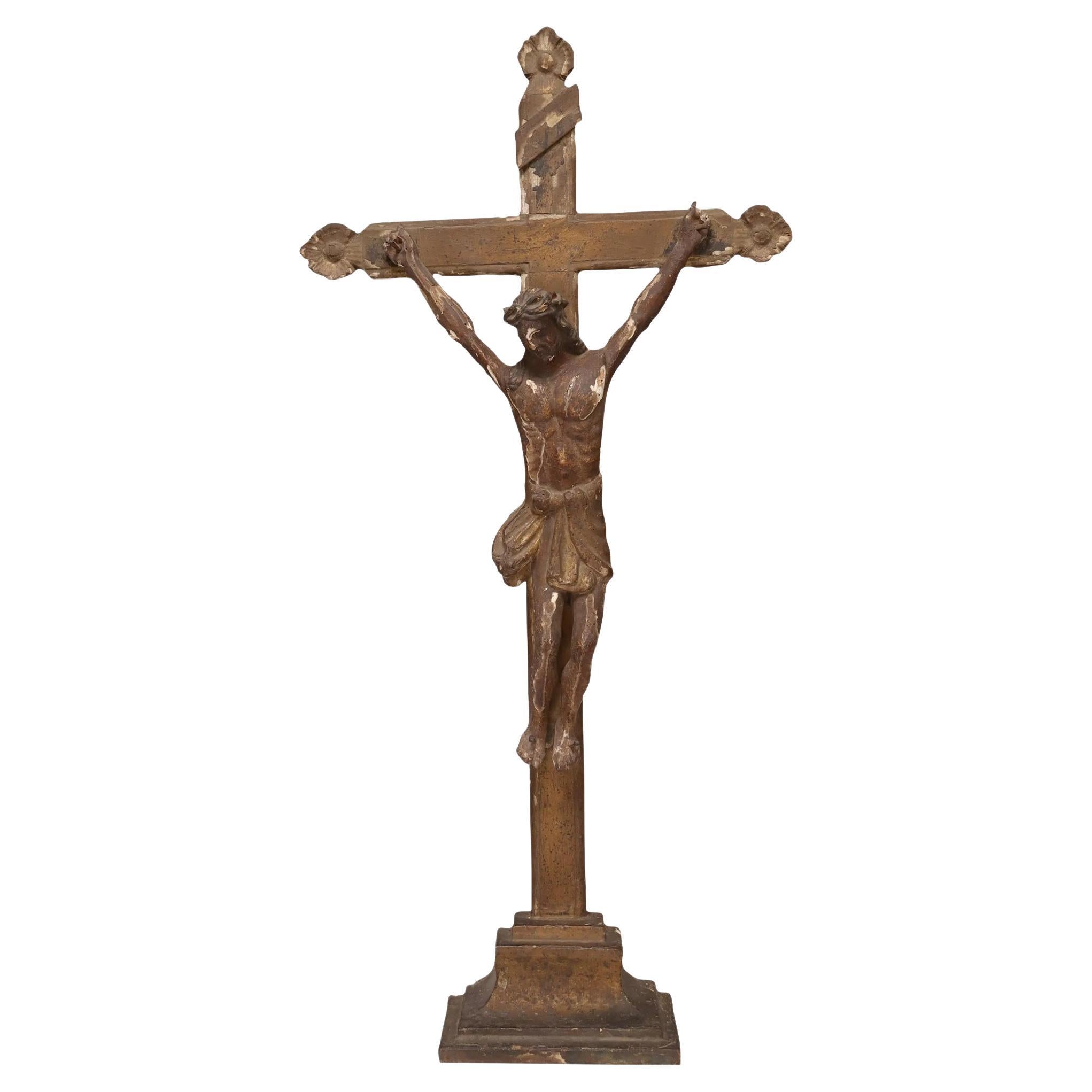 Antique Continental Carved Wood Tabletop Altar Crucifix For Sale