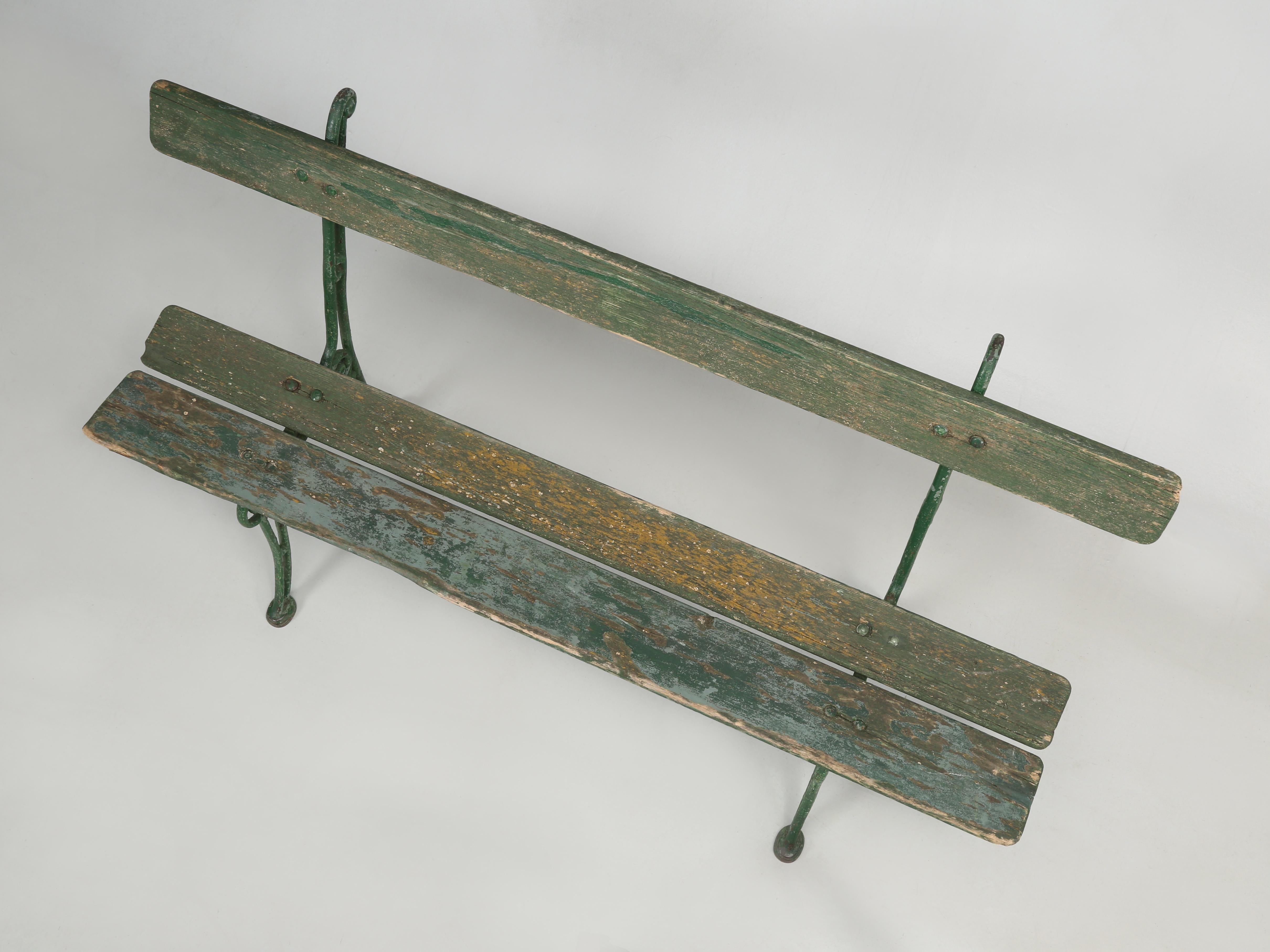 Early 20th Century Antique Continental Cast Iron and Old Painted Wood Garden Bench 