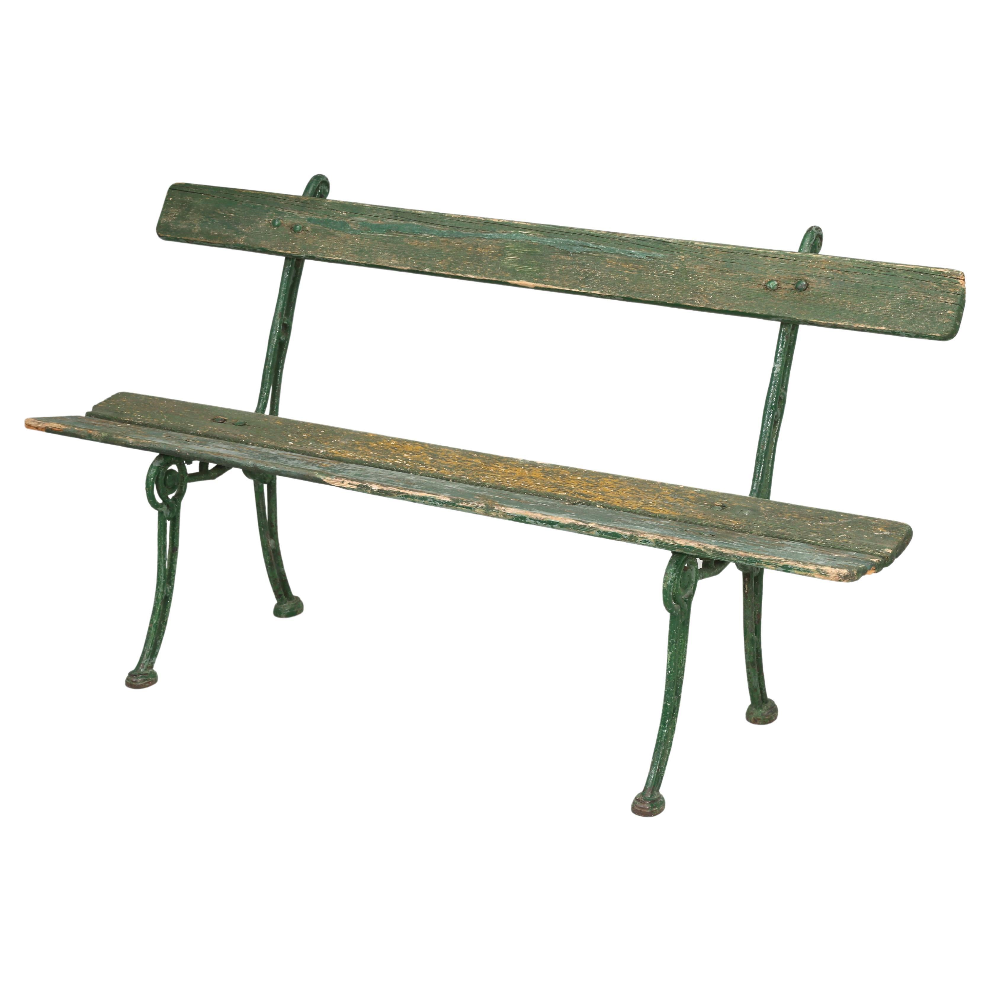 Antique Continental Cast Iron and Old Painted Wood Garden Bench 
