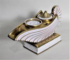 Antique Continental Ceramic Pink & Gilt Striped Shell or Oil Lamp Styled Inkwell