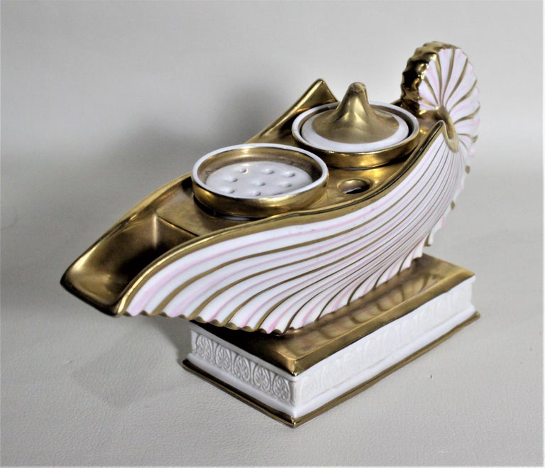 Antique Continental Ceramic Pink and Gilt Striped Shell or Oil Lamp ...