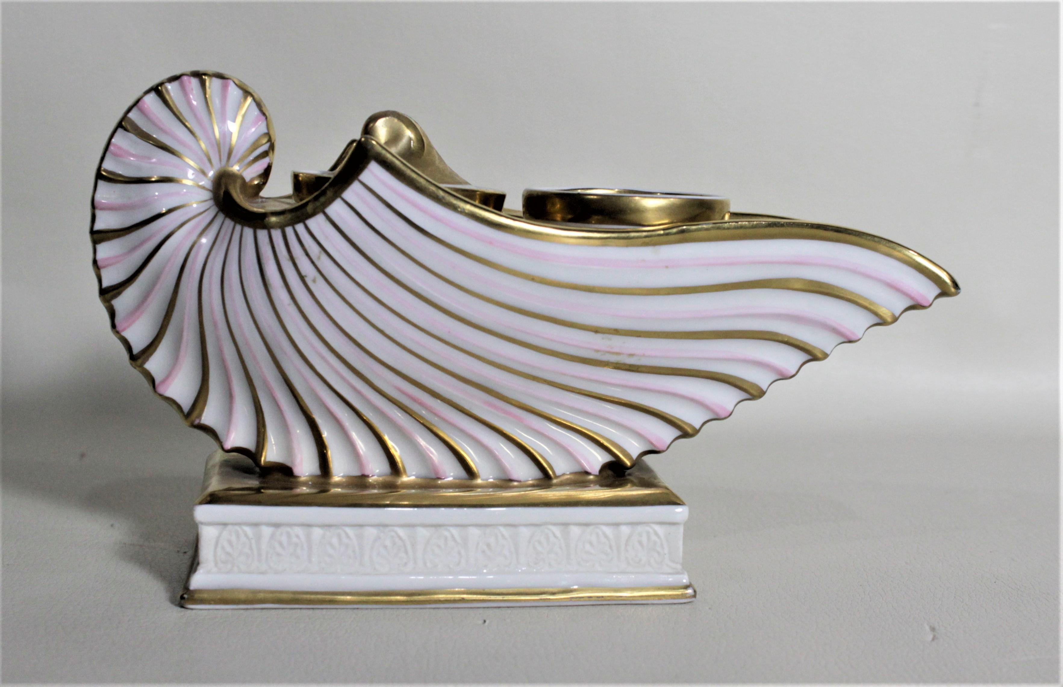 Victorian Antique Continental Ceramic Pink & Gilt Striped Shell or Oil Lamp Styled Inkwell For Sale