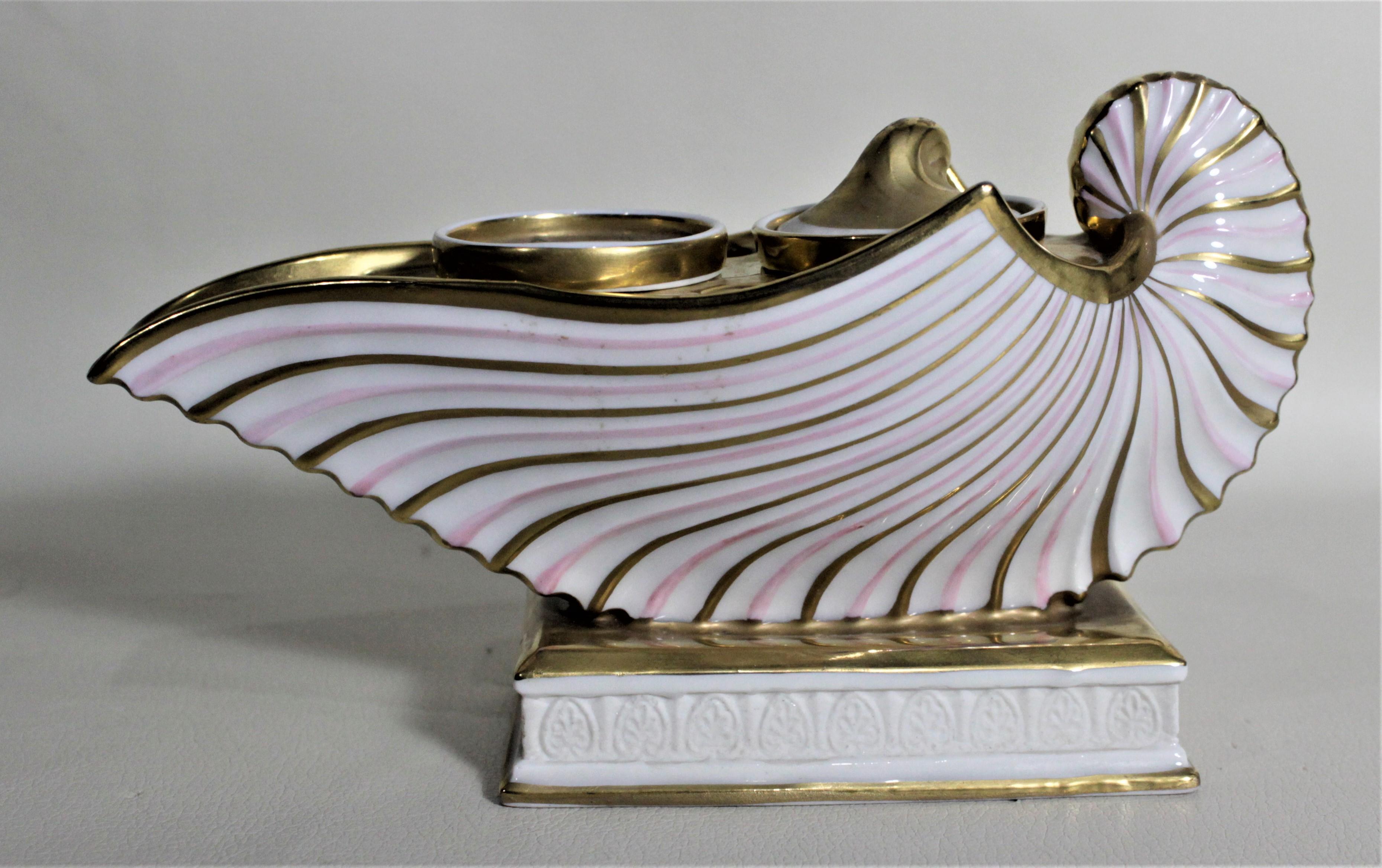 French Antique Continental Ceramic Pink & Gilt Striped Shell or Oil Lamp Styled Inkwell For Sale