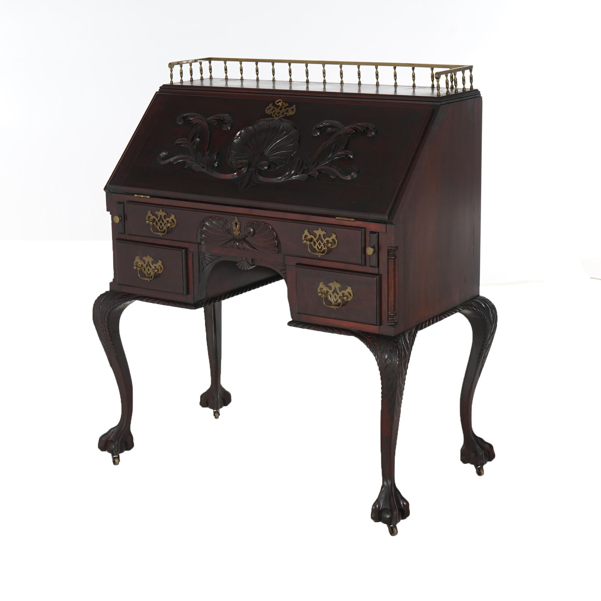 European Antique Continental Chippendale Carved Mahogany Drop Front Desk C1890 For Sale