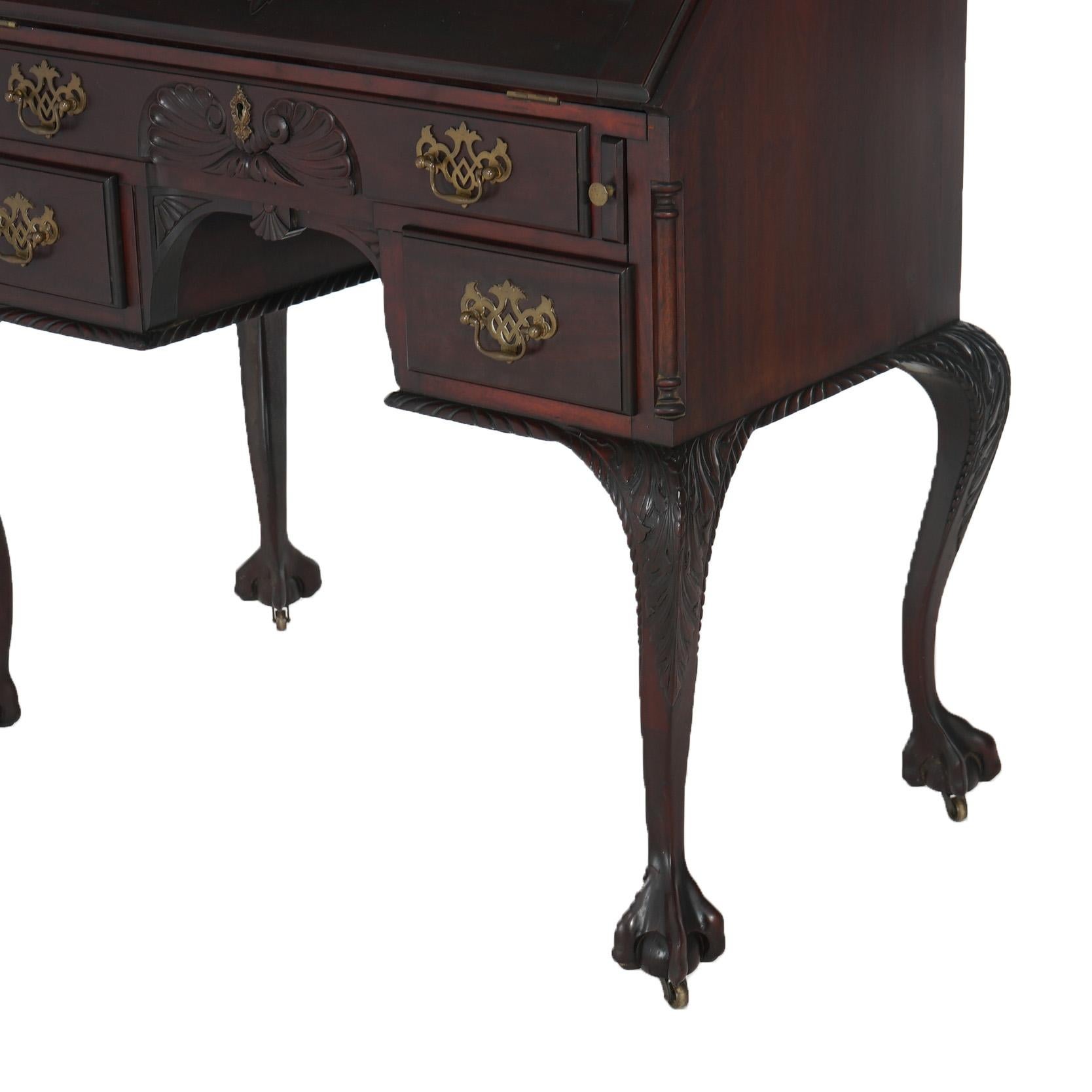 Antique Continental Chippendale Carved Mahogany Drop Front Desk C1890 In Good Condition For Sale In Big Flats, NY