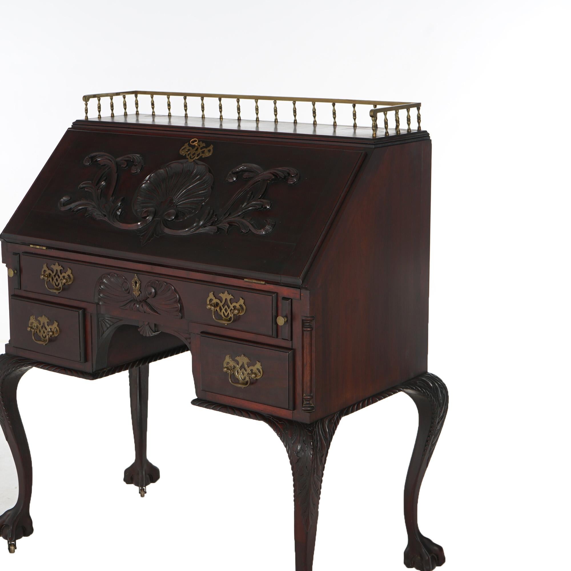 19th Century Antique Continental Chippendale Carved Mahogany Drop Front Desk C1890 For Sale