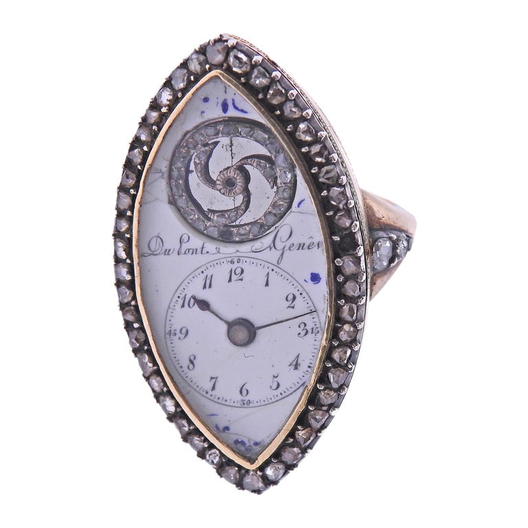 Antique Continental Circa 1850s Gold Silver Diamond Watch Ring For Sale